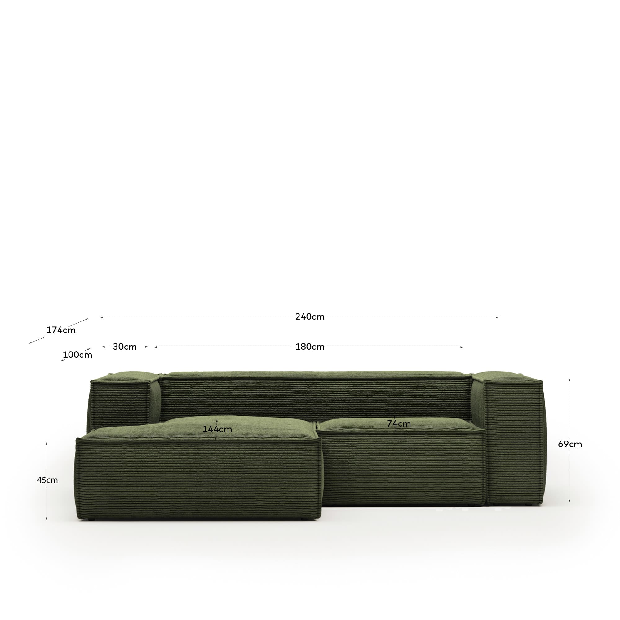 Blok 2-Sitzer-Sofa mit Chaiselongue links breiter Cord grün 240 cm FSC Mix Credit in Grün präsentiert im Onlineshop von KAQTU Design AG. 2er Sofa ist von Kave Home