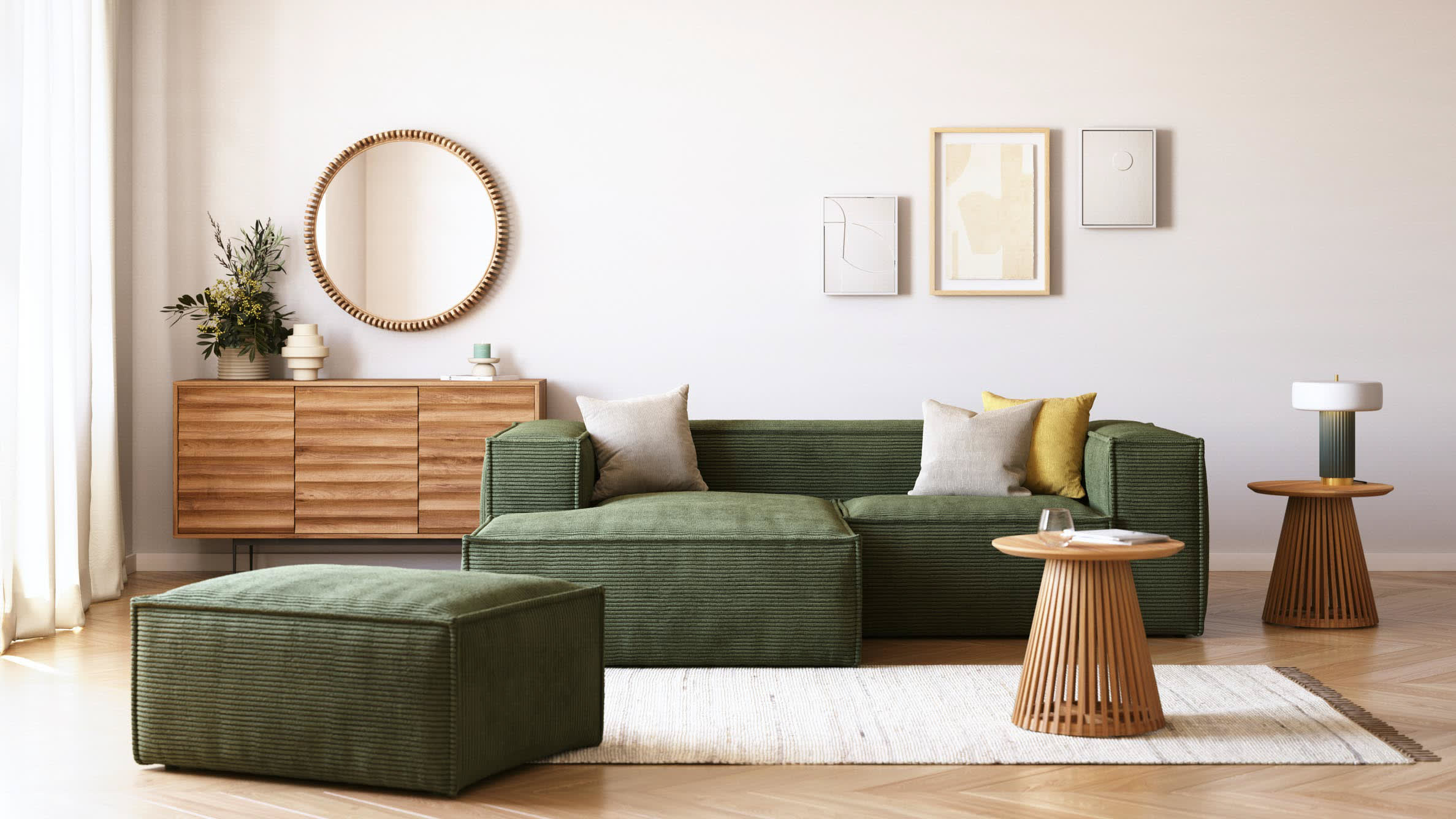 Blok 2-Sitzer-Sofa mit Chaiselongue links breiter Cord grün 240 cm FSC Mix Credit in Grün präsentiert im Onlineshop von KAQTU Design AG. 2er Sofa ist von Kave Home