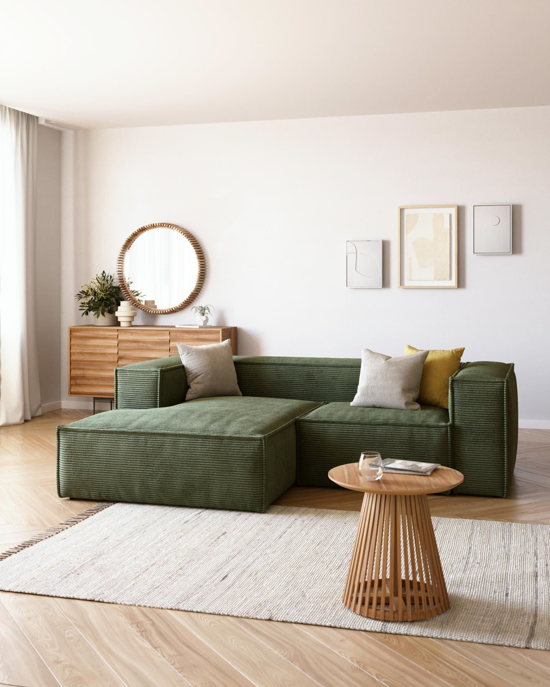 Blok 2-Sitzer-Sofa mit Chaiselongue links breiter Cord grün 240 cm FSC Mix Credit in Grün präsentiert im Onlineshop von KAQTU Design AG. 2er Sofa ist von Kave Home