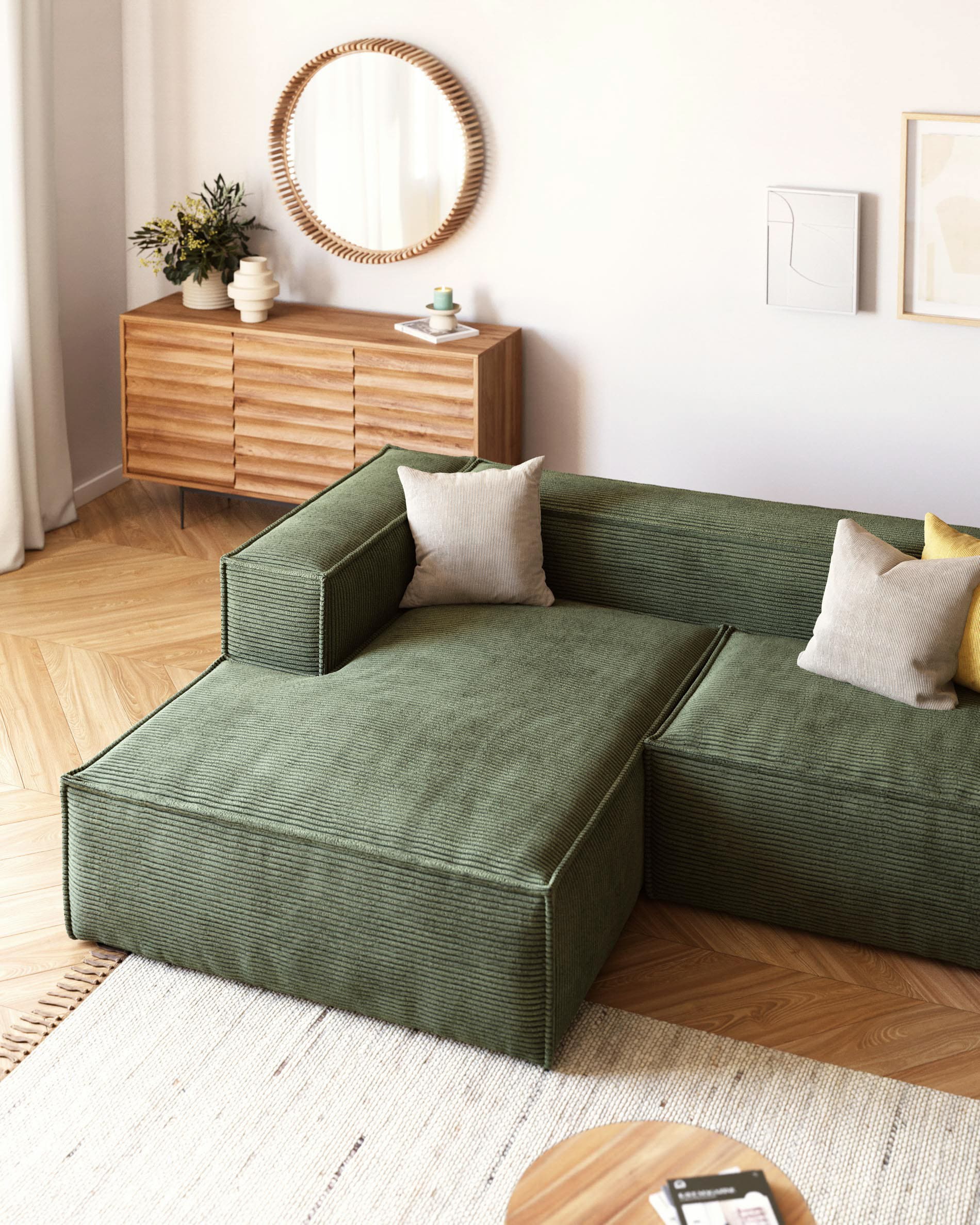 Blok 2-Sitzer-Sofa mit Chaiselongue links breiter Cord grün 240 cm FSC Mix Credit in Grün präsentiert im Onlineshop von KAQTU Design AG. 2er Sofa ist von Kave Home