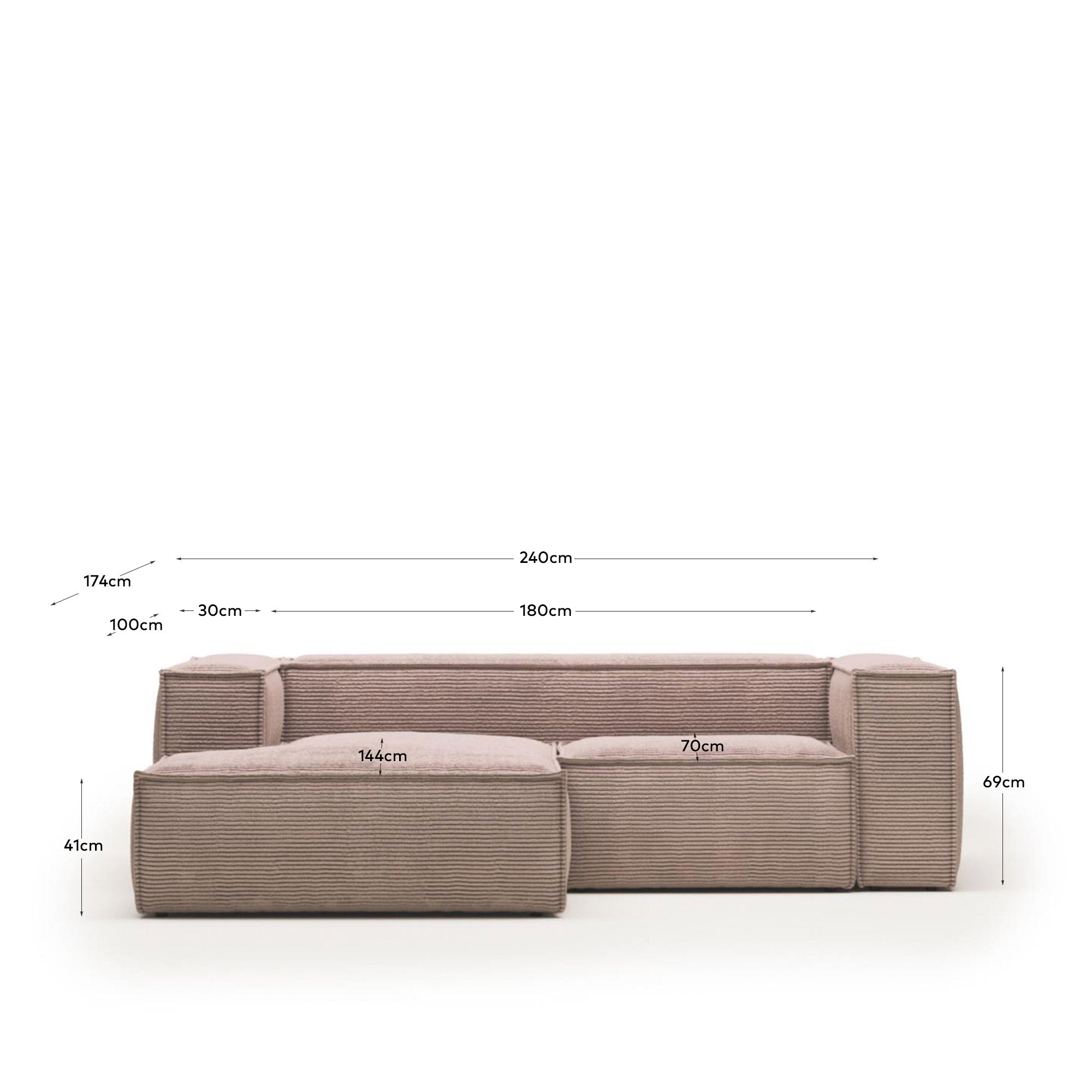 Blok 2-Sitzer-Sofa mit Chaiselongue links breiter Cord rosa 240 cm in Rosa präsentiert im Onlineshop von KAQTU Design AG. 2er Sofa ist von Kave Home