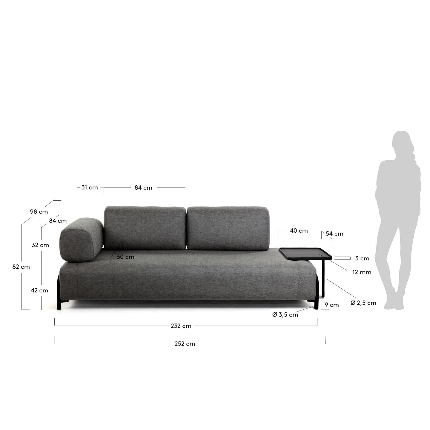 Compo 3-Sitzer Sofa dunkelgrau mit grossem Tablett 252 cm in Grau präsentiert im Onlineshop von KAQTU Design AG. 3er Sofa ist von Kave Home