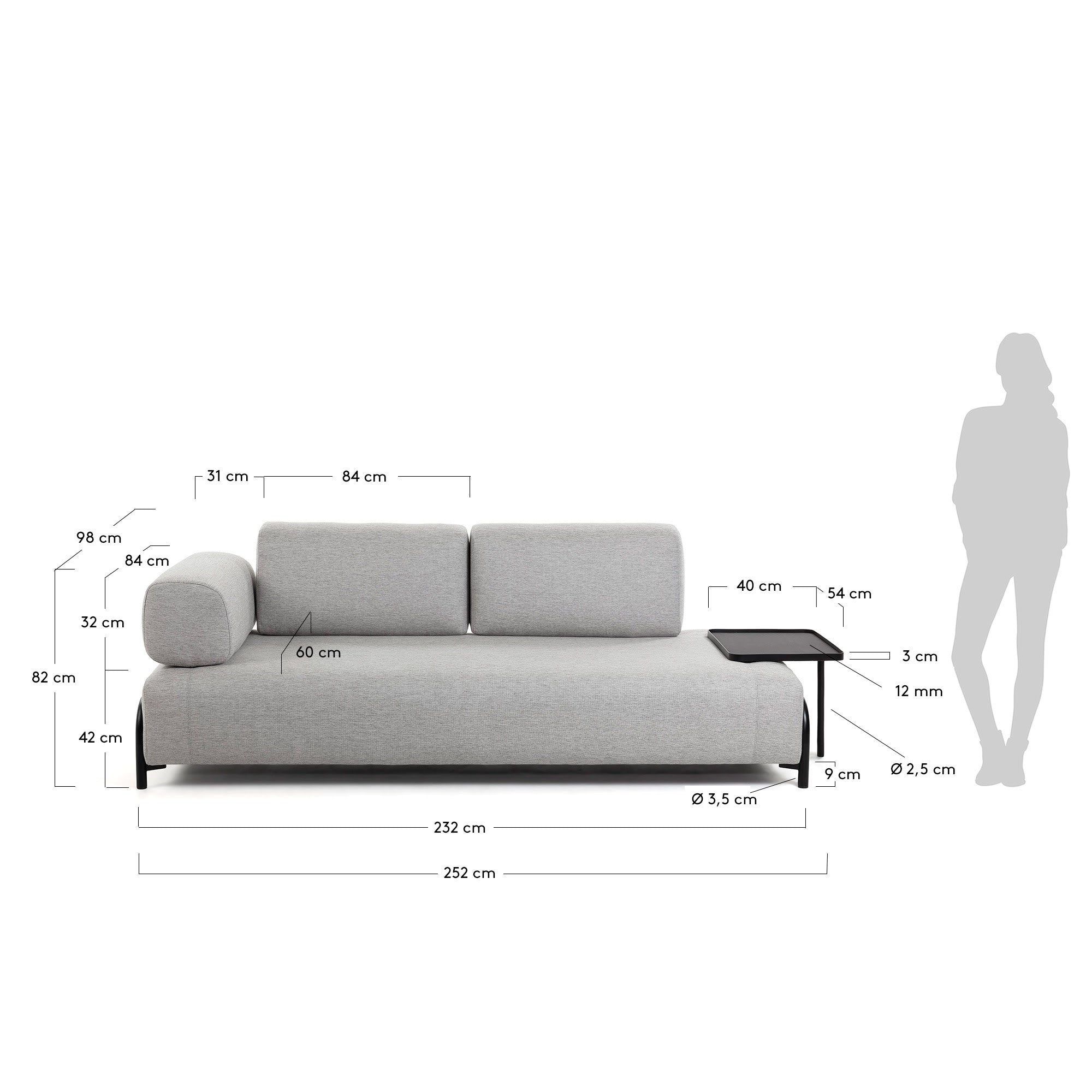 Compo 3-Sitzer Sofa beige-grau mit grossem Tablett 252 cm in Beige präsentiert im Onlineshop von KAQTU Design AG. 3er Sofa ist von Kave Home