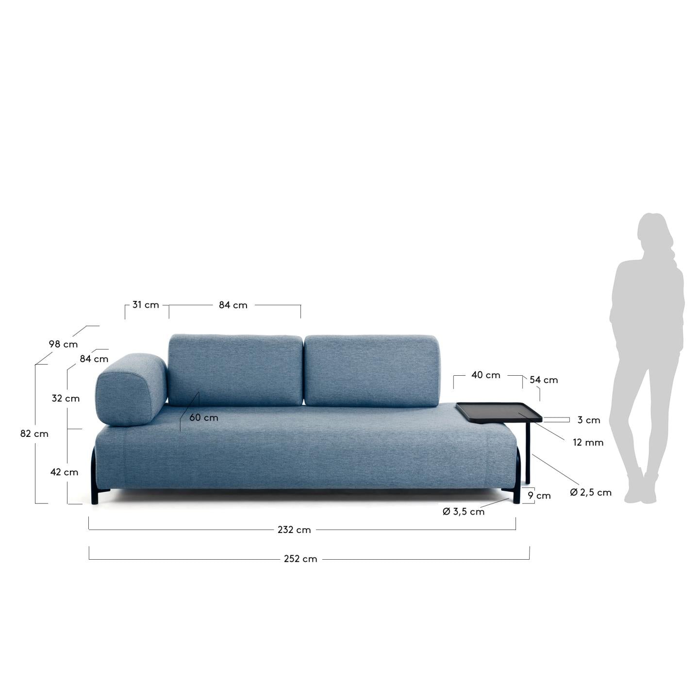 Compo 3-Sitzer Sofa blau mit grossem Tablett 252 cm in Blau präsentiert im Onlineshop von KAQTU Design AG. 3er Sofa ist von Kave Home