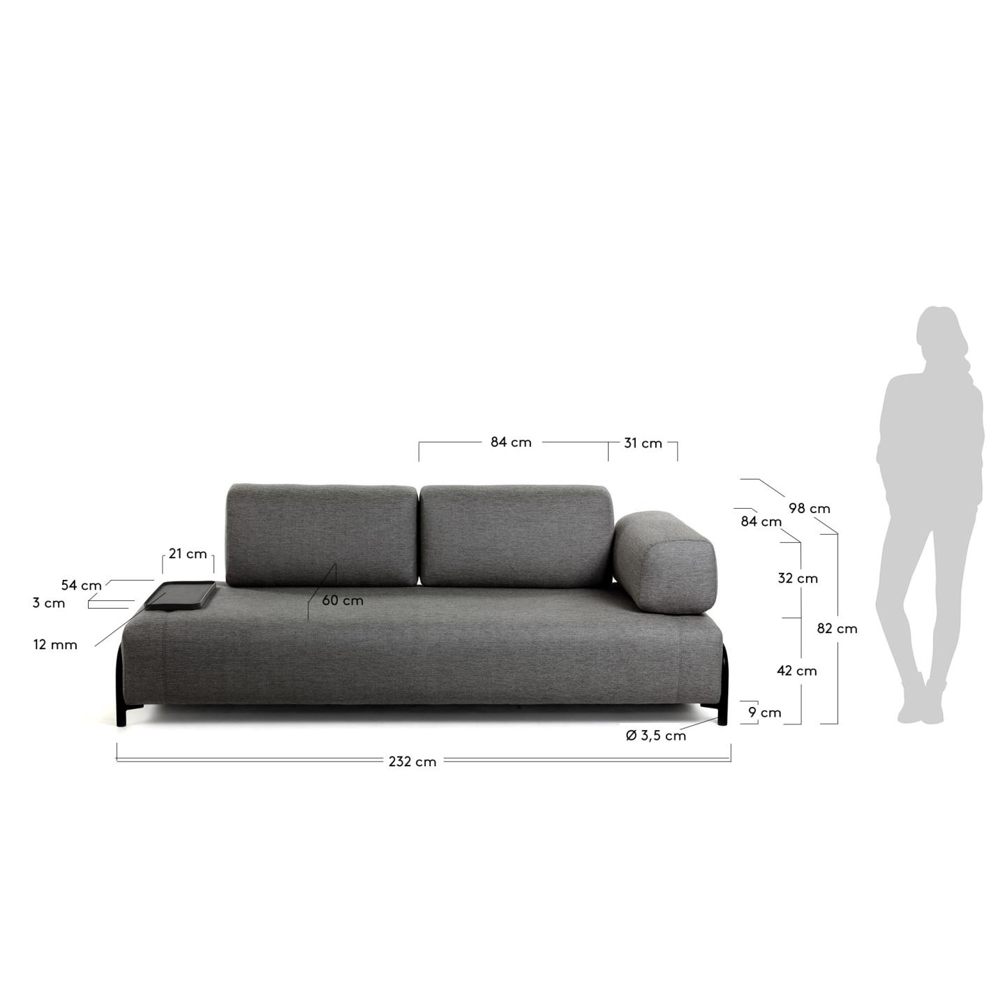 Compo 3-Sitzer Sofa dunkelgrau mit kleinem Tablett 232 cm in Schwarz präsentiert im Onlineshop von KAQTU Design AG. 3er Sofa ist von Kave Home