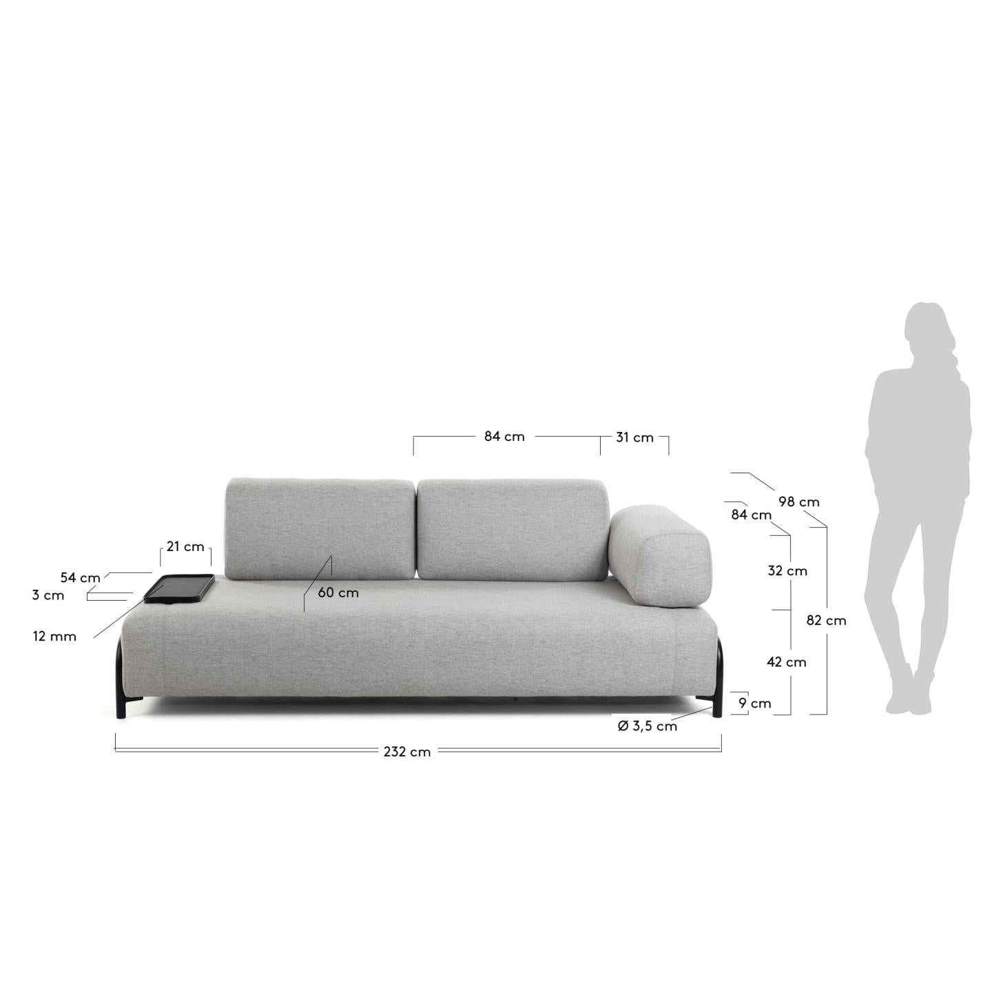 Compo 3-Sitzer Sofa hellgrau mit kleinem Tablett 232 cm in Grau präsentiert im Onlineshop von KAQTU Design AG. 3er Sofa ist von Kave Home