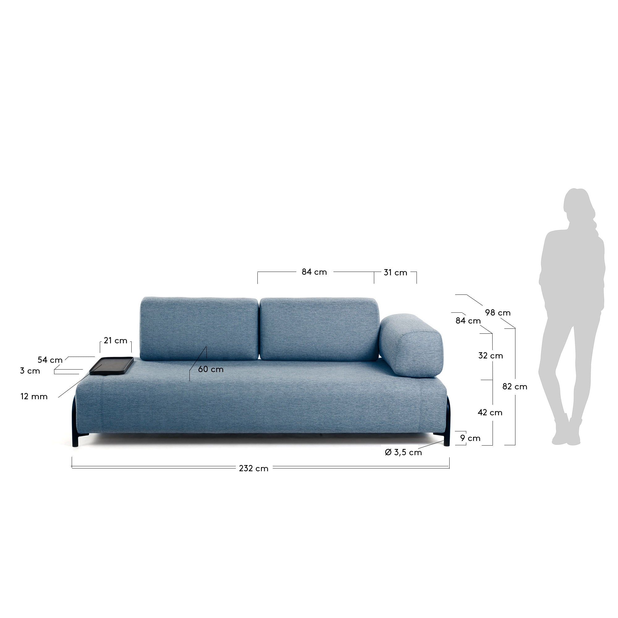 Compo 3-Sitzer Sofa blau mit kleinem Tablett 232 cm in Blau präsentiert im Onlineshop von KAQTU Design AG. 3er Sofa ist von Kave Home