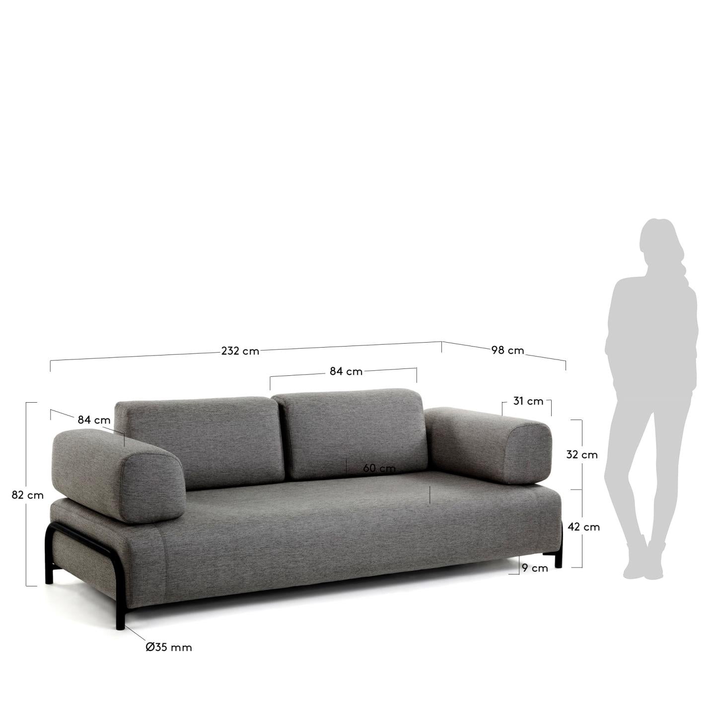 Compo 3-Sitzer Sofa dunkelgrau 232 cm in Schwarz präsentiert im Onlineshop von KAQTU Design AG. 3er Sofa ist von Kave Home