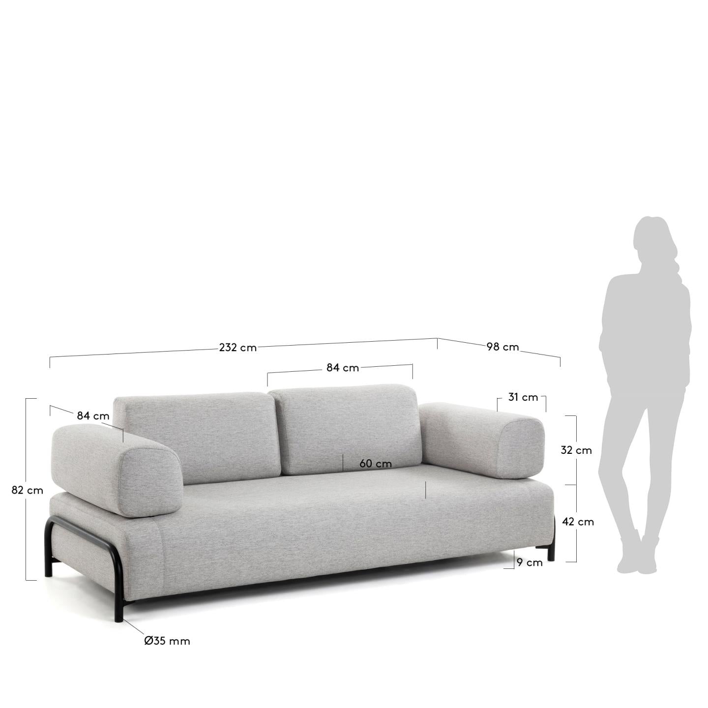 Compo 3-Sitzer Sofa hellgrau 232 cm in Grau präsentiert im Onlineshop von KAQTU Design AG. 3er Sofa ist von Kave Home