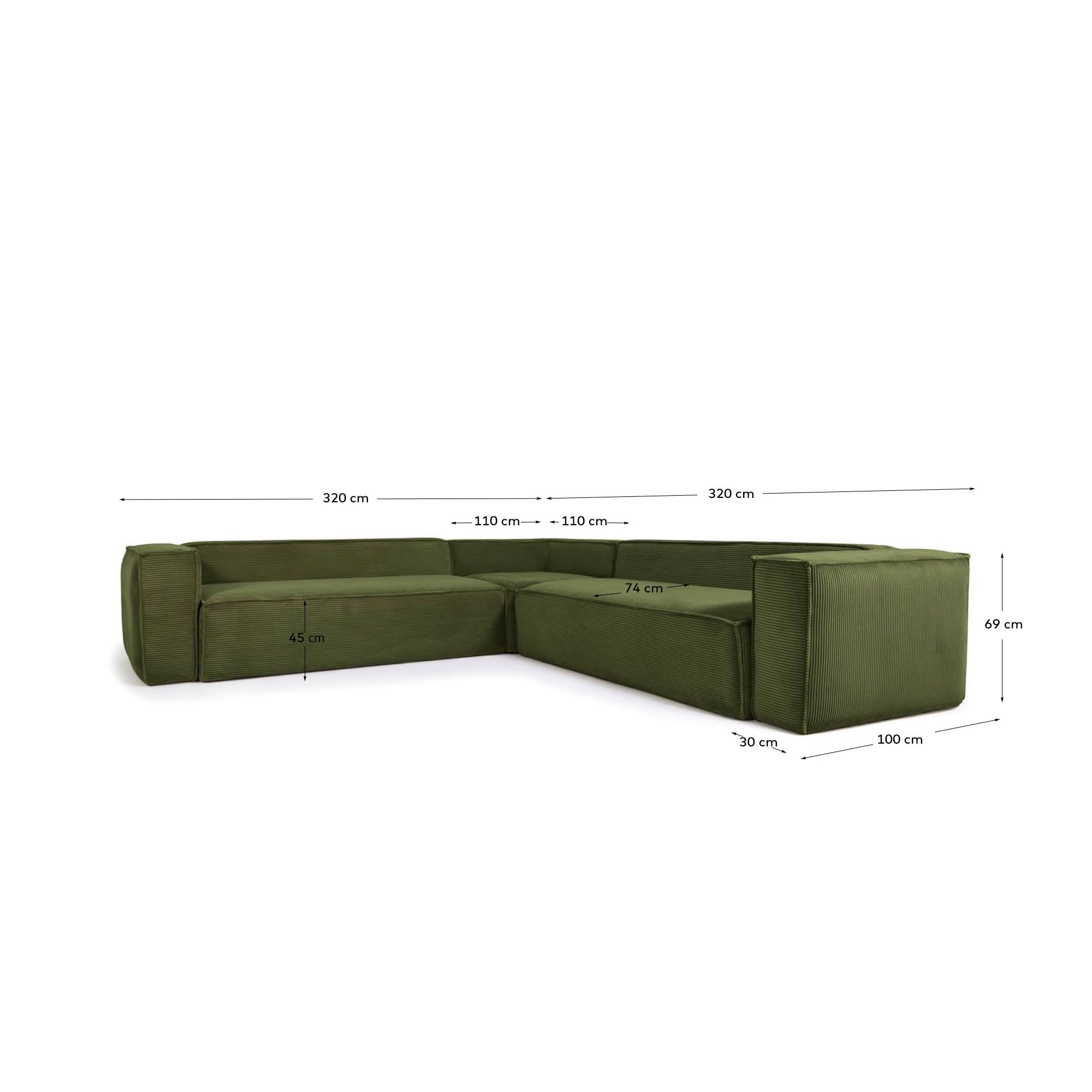 Blok 6-Sitzer Ecksofa dicker Cord grün 320 x 320 cm FSC Mix Credit in Grün präsentiert im Onlineshop von KAQTU Design AG. 4er Sofa ist von Kave Home