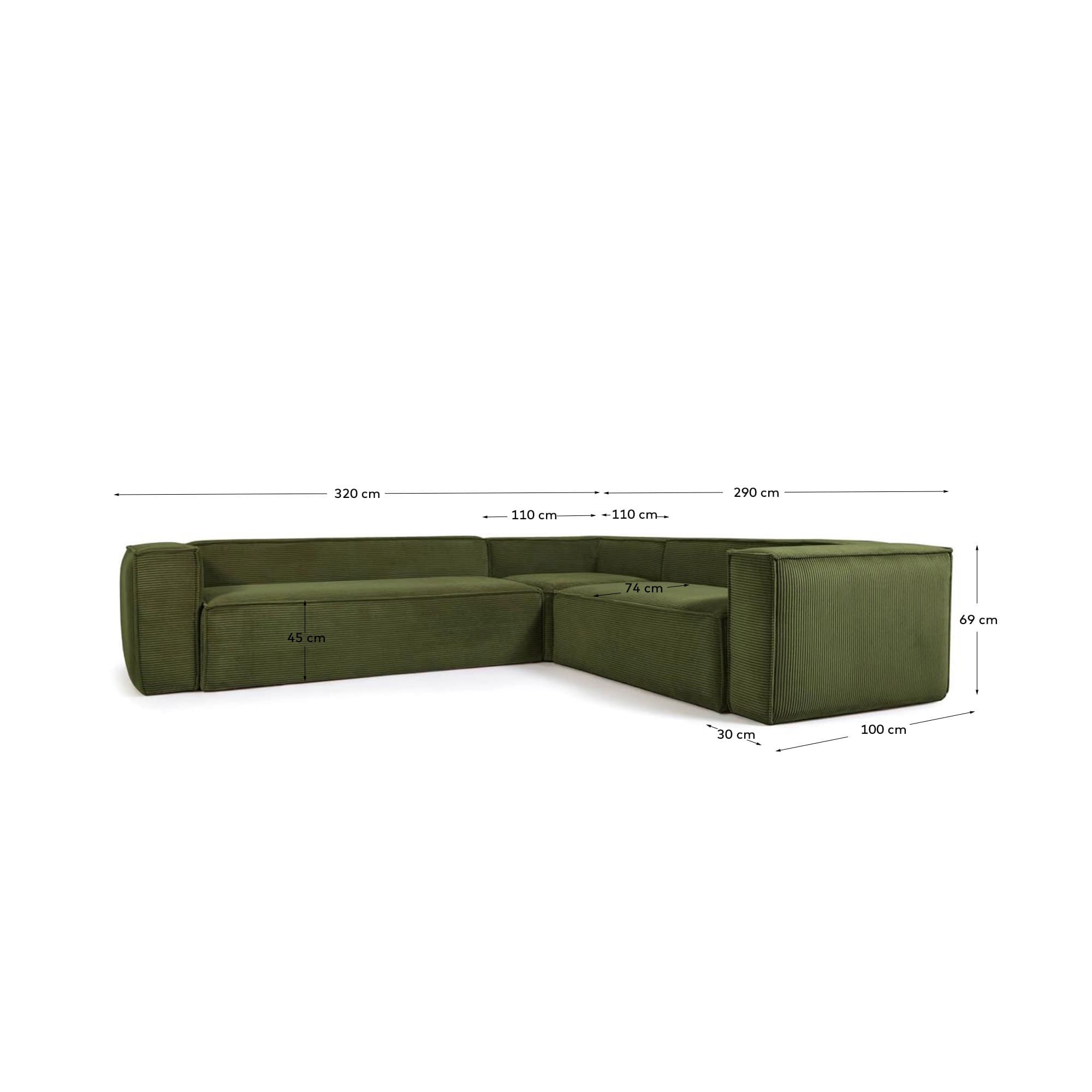 Blok 5-Sitzer-Ecksofa breiter Cord in Grün 320 x 290 / 290 x 320 cm FSC Mix Credit in Grün präsentiert im Onlineshop von KAQTU Design AG. 4er Sofa ist von Kave Home