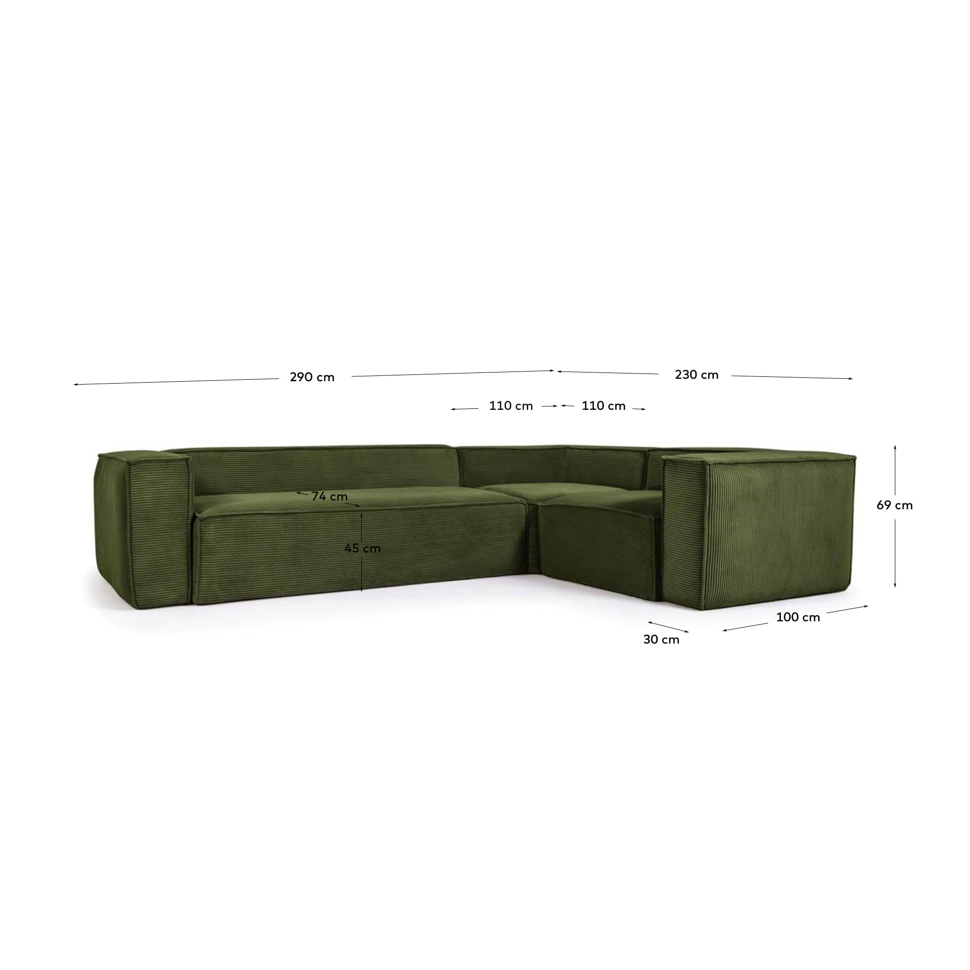 Blok 3-Sitzer-Ecksofa breiter Cord grün 290 x 230 cm / 230 cm 290 cm FSC Mix Credit in Grün präsentiert im Onlineshop von KAQTU Design AG. 3er Sofa ist von Kave Home