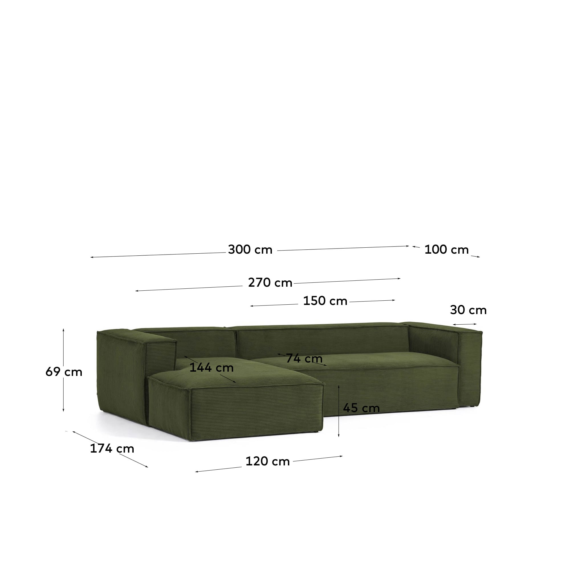 Blok 3-Sitzer-Sofa mit Chaiselongue links breiter Cord grün 300 cm FSC Mix Credit in Grün präsentiert im Onlineshop von KAQTU Design AG. 3er Sofa ist von Kave Home