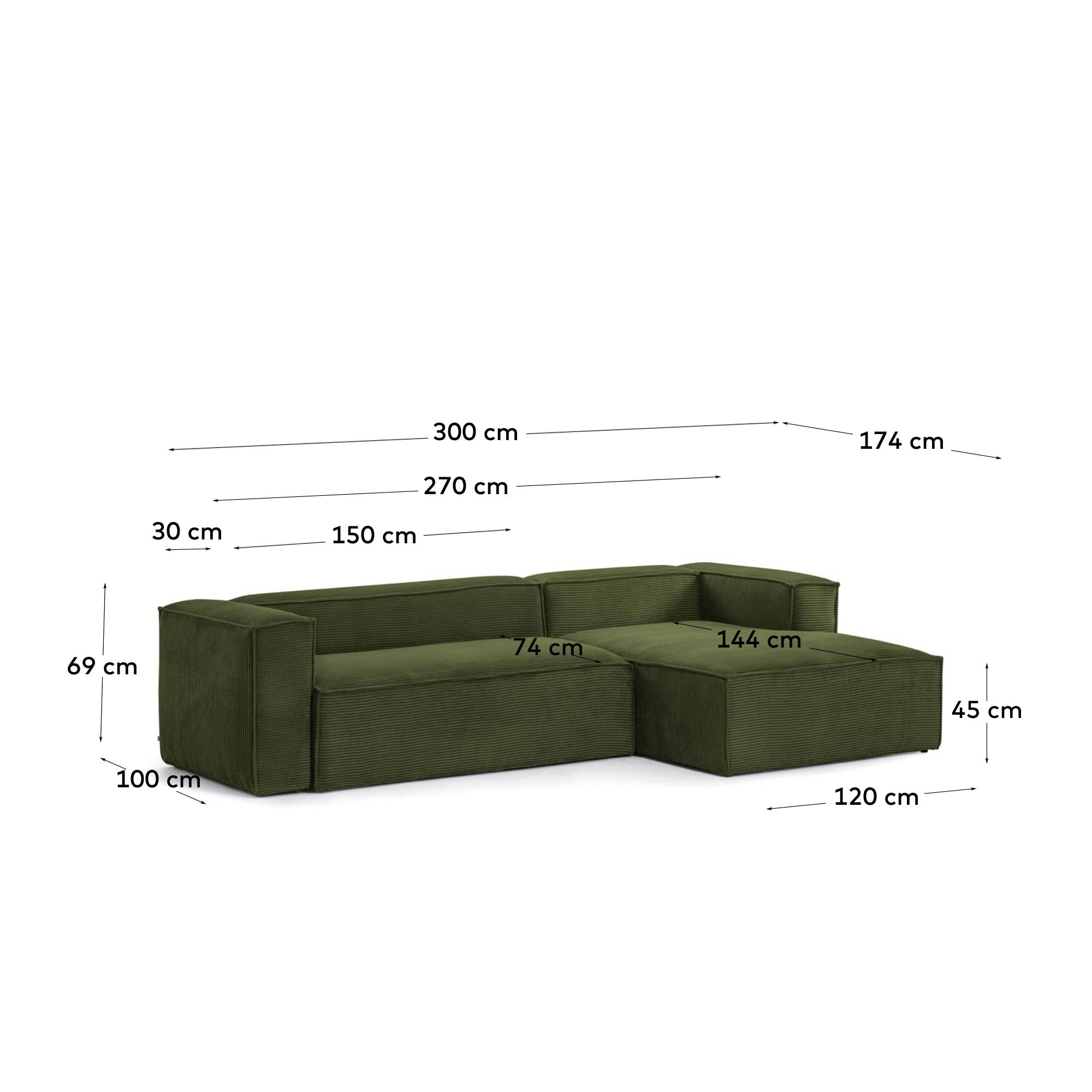 Blok 3-Sitzer-Sofa mit Chaiselongue rechts breiter Cord grün 300 cm FSC Mix Credit in Grün präsentiert im Onlineshop von KAQTU Design AG. 3er Sofa ist von Kave Home