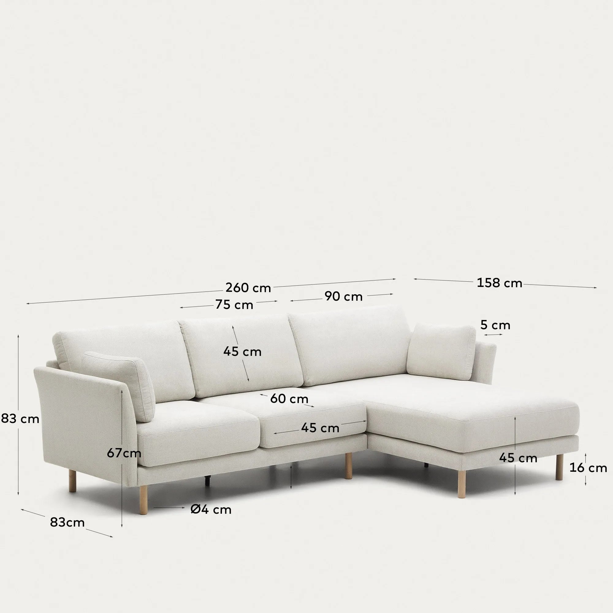 Elegantes 3-Sitzer-Sofa mit Chaiselongue, Chenille-Bezug in Perle, naturfarbene Holzbeine, 260 cm breit.