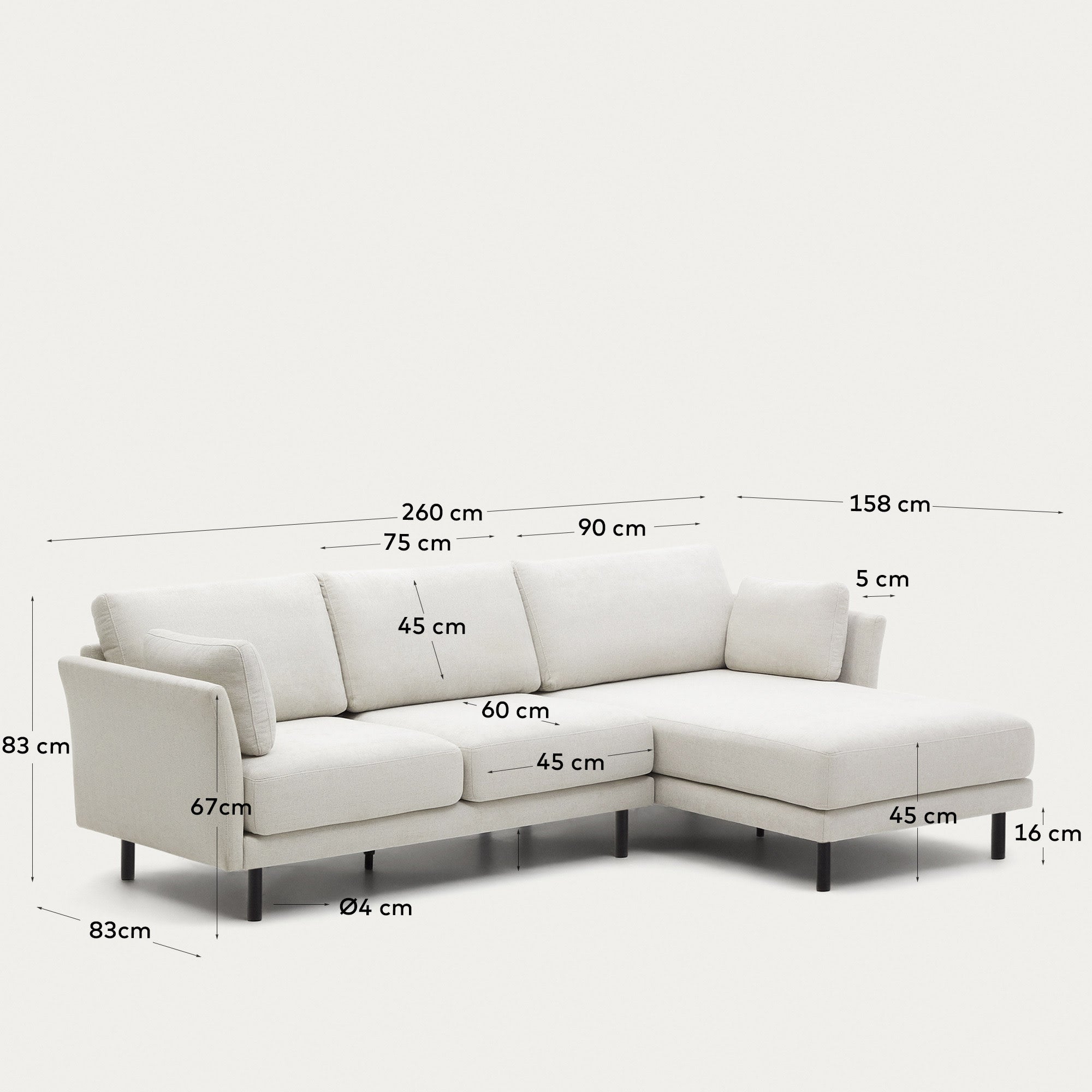 Gilma 3-Sitzer Sofa mit Chaiselongue rechts/links Chenille Perle Beine in Schwarz 260 cm in Grau präsentiert im Onlineshop von KAQTU Design AG. 3er Sofa ist von Kave Home