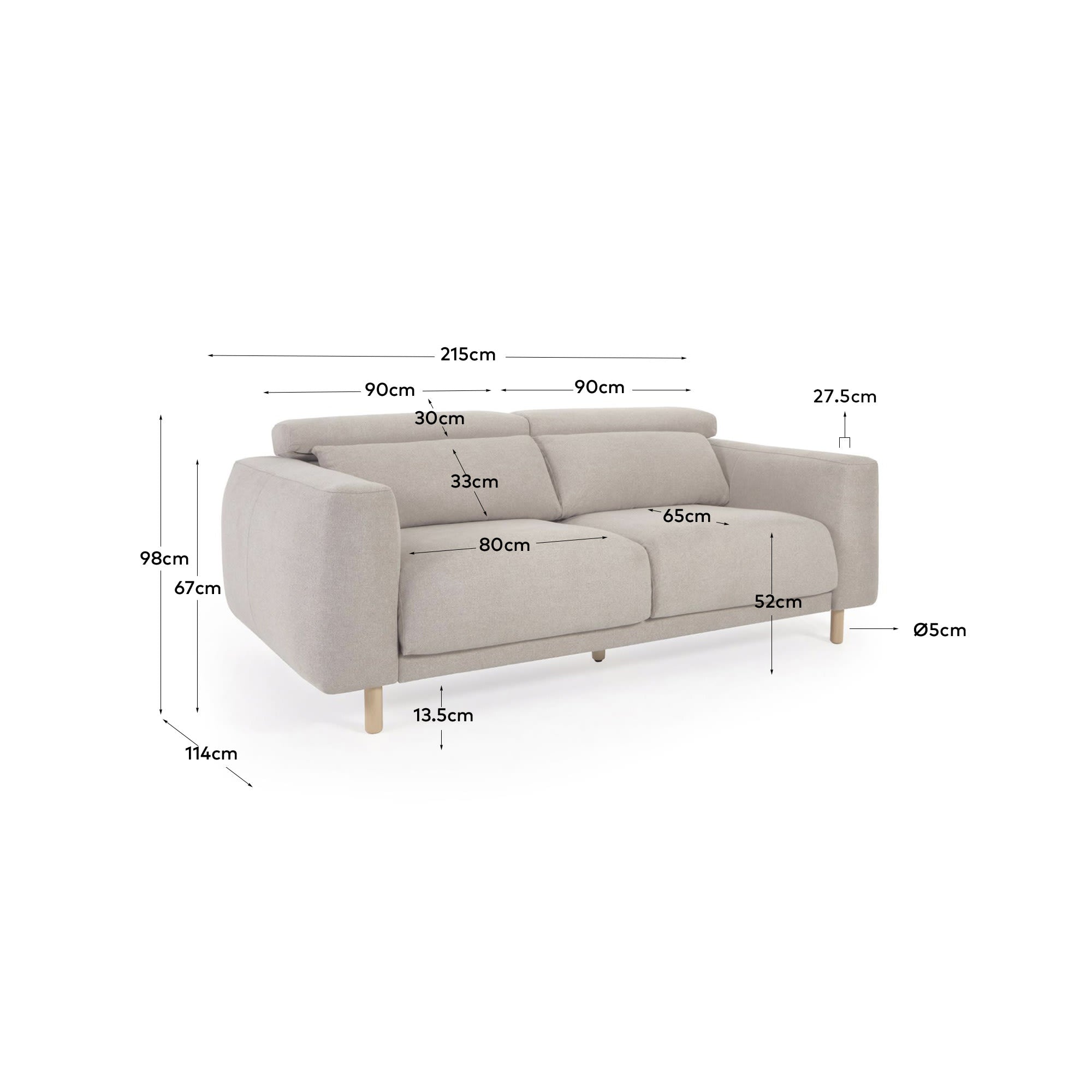 Singa 3-Sitzer Sofa mit verstellbarer Kopfstütze und ausziehbarem Sitz beige 215 cm FSC Mix Credit in  präsentiert im Onlineshop von KAQTU Design AG. 3er Sofa ist von Kave Home