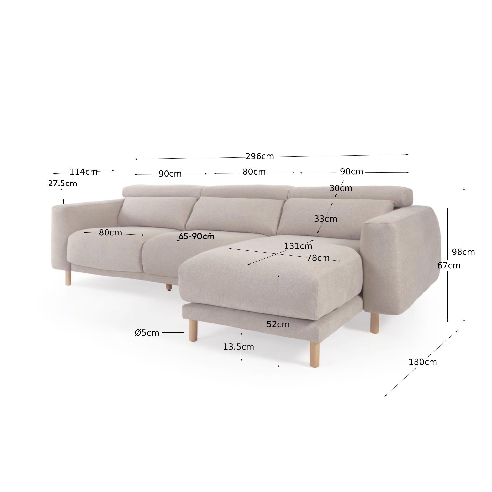 Singa 3-Sitzer Sofa mit Chaiselongue rechts, verstellbarer Kopfstütze und ausziehbarem Sitz beige 296 cm FSC Mix Credit in  präsentiert im Onlineshop von KAQTU Design AG. 3er Sofa ist von Kave Home