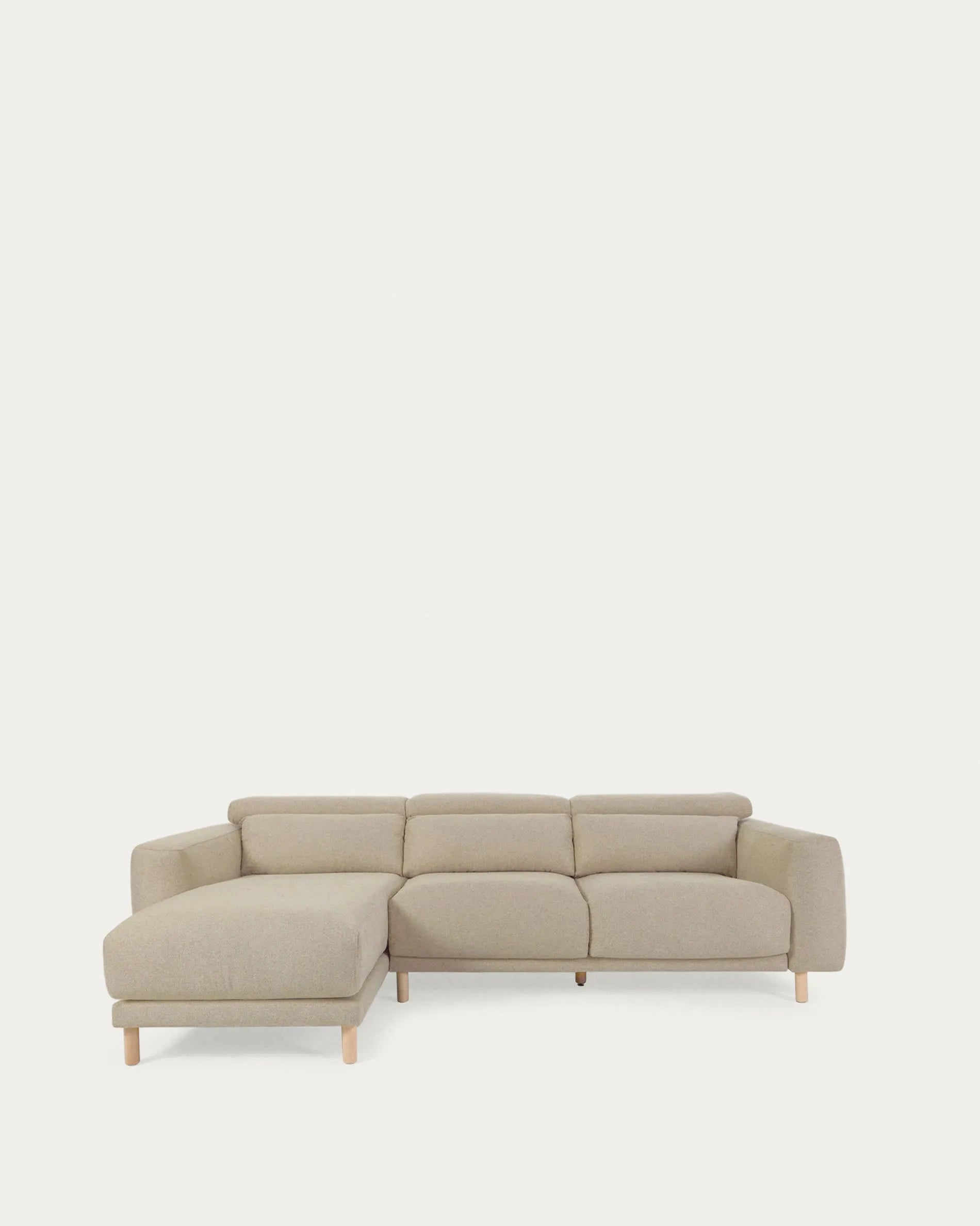 Elegantes beiges 3-Sitzer Sofa mit linker Chaiselongue, verstellbarer Kopfstütze, ausziehbarem Sitz, 296 cm, FSC-zertifiziert.