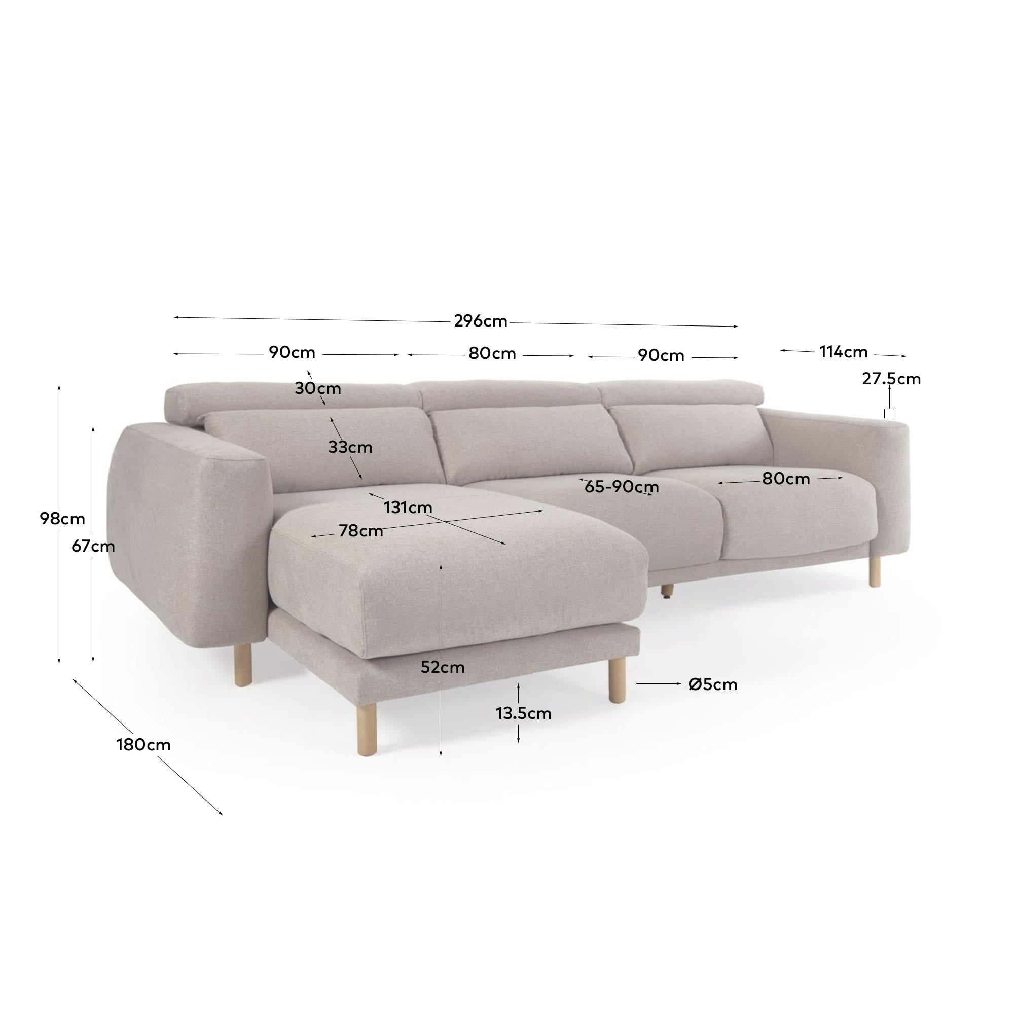 Singa 3-Sitzer Sofa mit Chaiselongue links, verstellbarer Kopfstütze und ausziehbarem Sitz beige 296 cm FSC Mix Credit in Beige präsentiert im Onlineshop von KAQTU Design AG. 3er Sofa ist von Kave Home