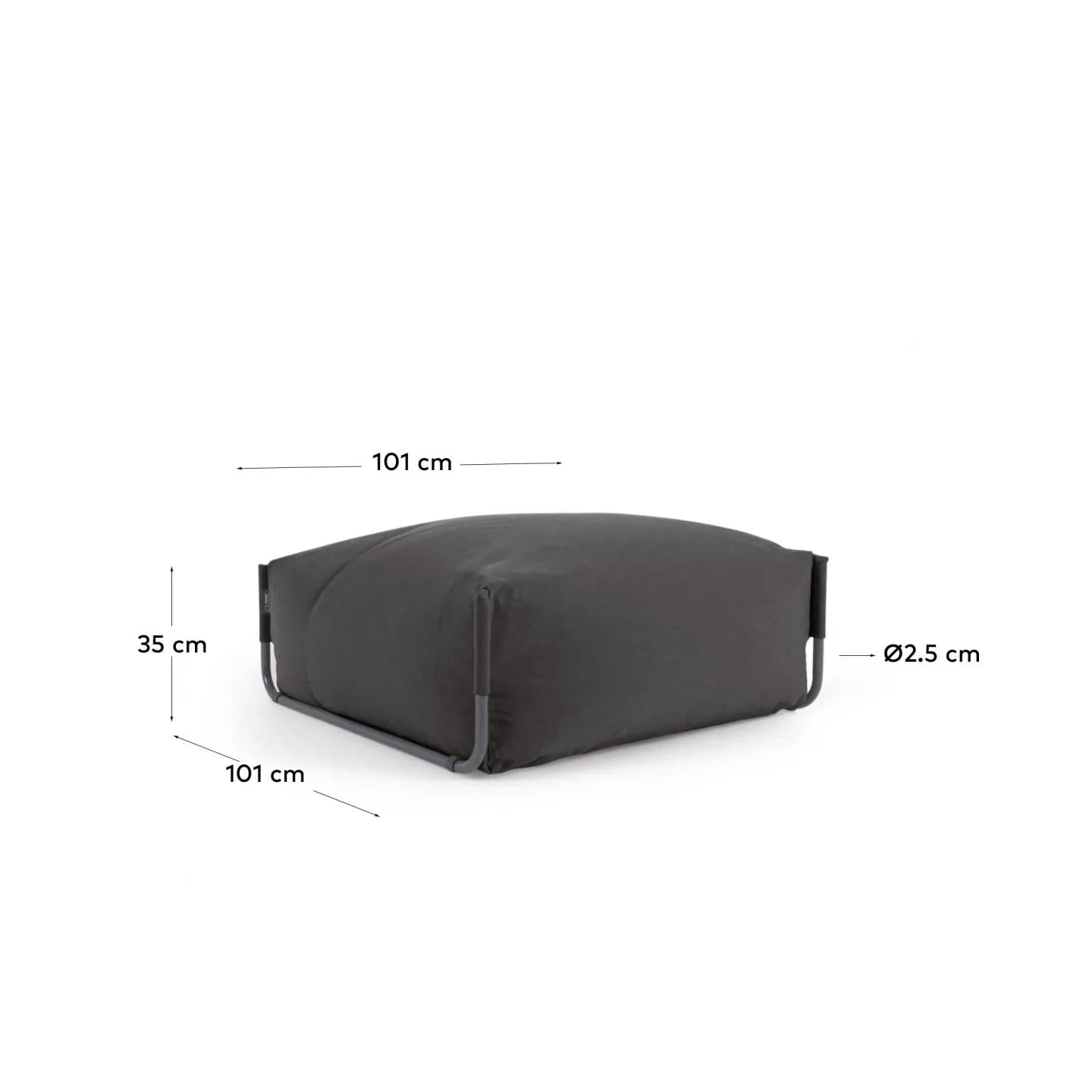 Eleganter, wetterfester Pouf in Dunkelgrau mit schwarzem Aluminiumrahmen, ideal für stilvolle Outdoor-Entspannung.