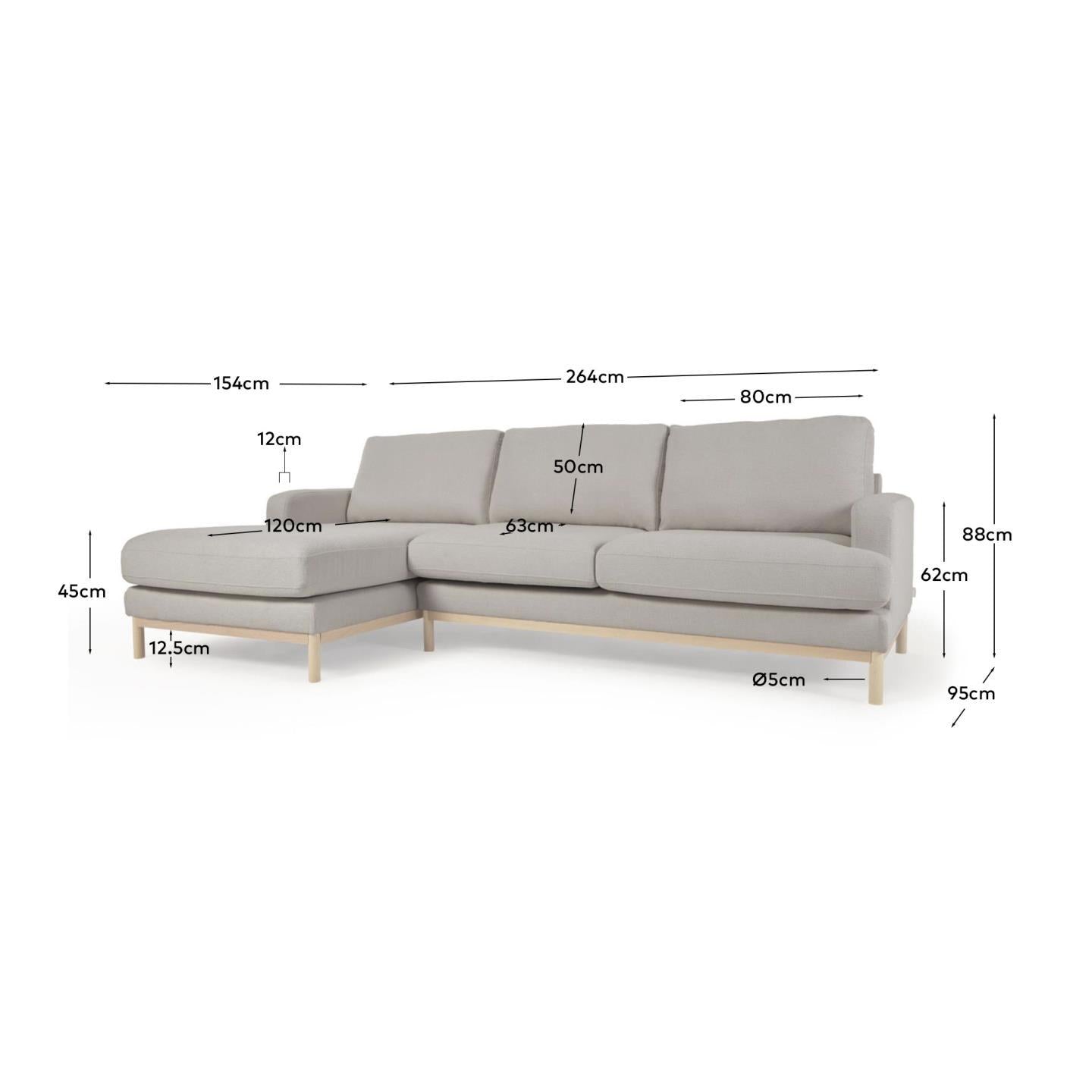 Sofa Mihaela für 3 Sitzer mit Chaiselongue links mit Mikro-Bouclé-Bezug in Grau 264 cm in Grau präsentiert im Onlineshop von KAQTU Design AG. 3er Sofa ist von Kave Home