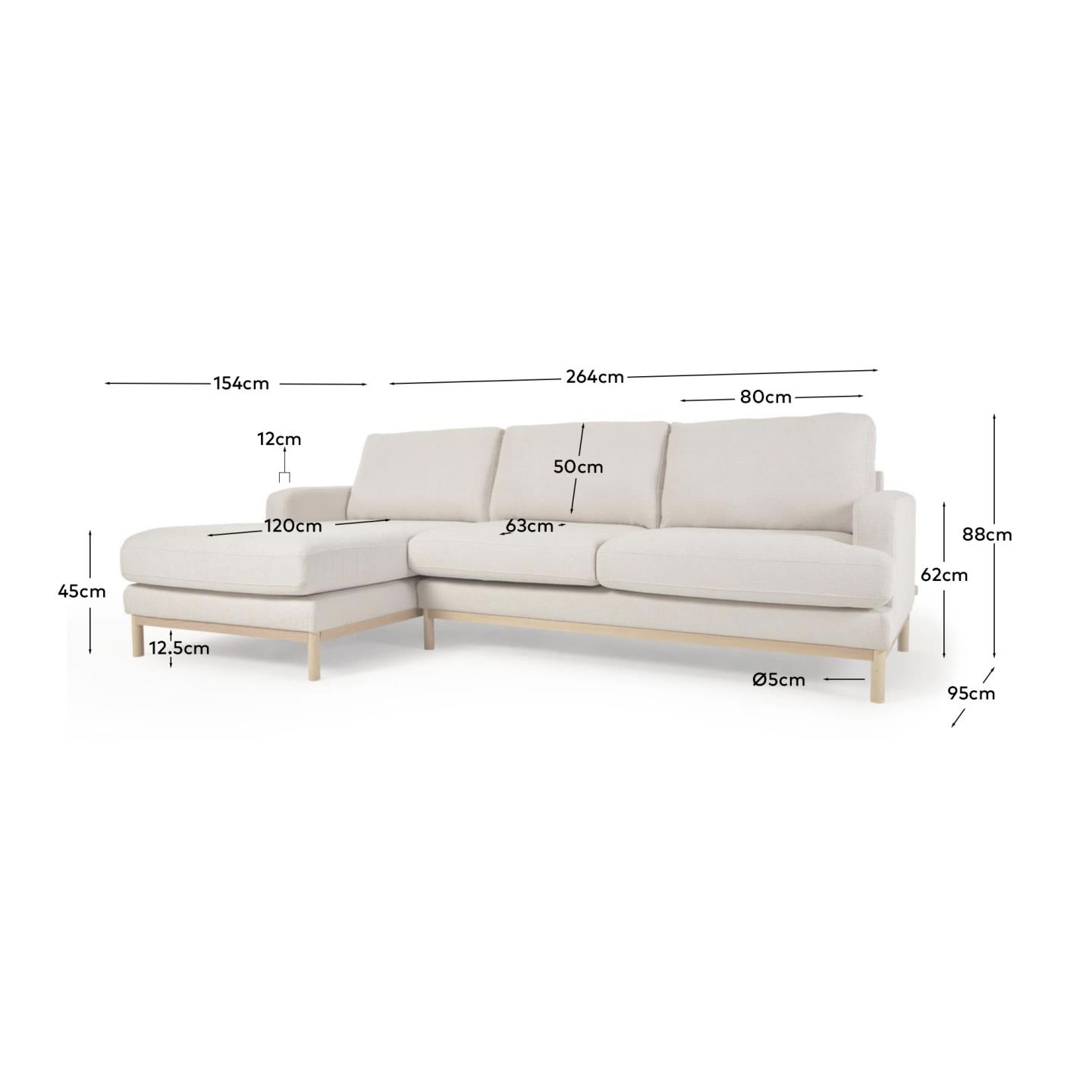 Sofa Mihaela für 3 Sitzer mit Chaise Longue links aus Mikro-Bouclé-Bezug in Weiss 264 cm FSC Mix Credit in Weiß präsentiert im Onlineshop von KAQTU Design AG. 3er Sofa ist von Kave Home