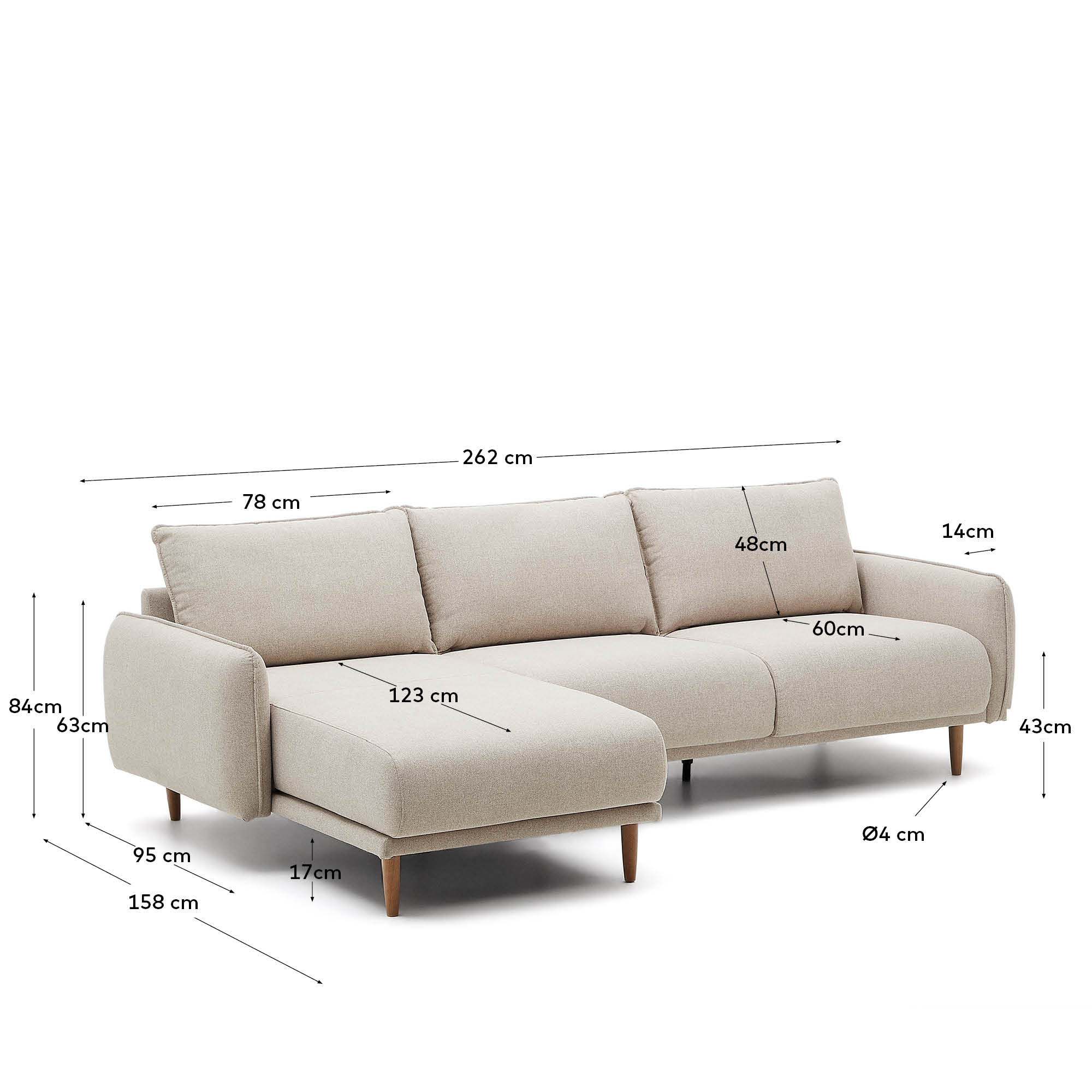 Carlota 3-Sitzer-Sofa mit Chaiselongue rechts/links beige 262 cm FSC Mix Credit in Beige präsentiert im Onlineshop von KAQTU Design AG. 3er Sofa ist von Kave Home