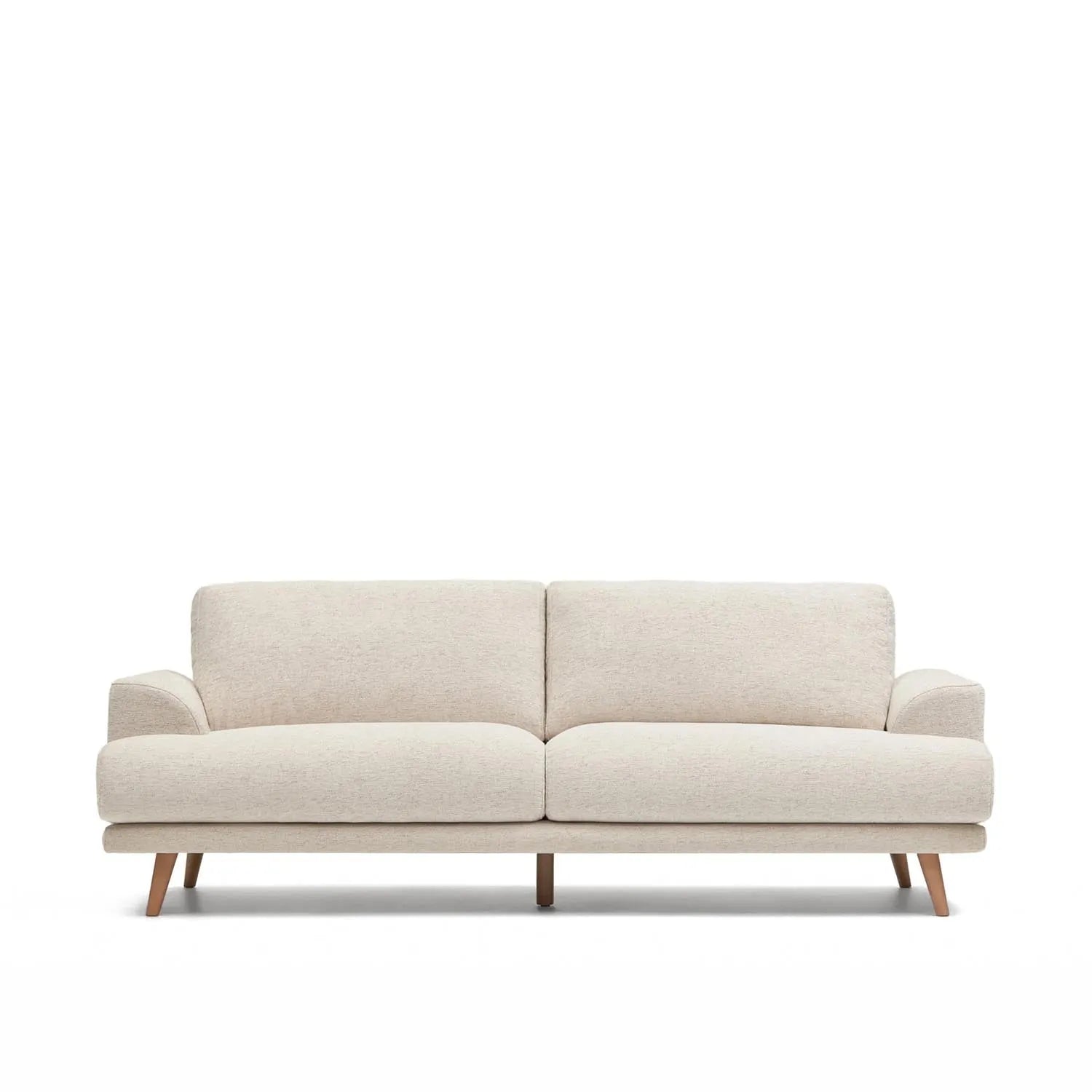 Elegantes 3-Sitzer-Sofa, 231 cm, weiß, mit massiven Buchenholzbeinen, modernes Design, komfortabel, pflegeleicht.