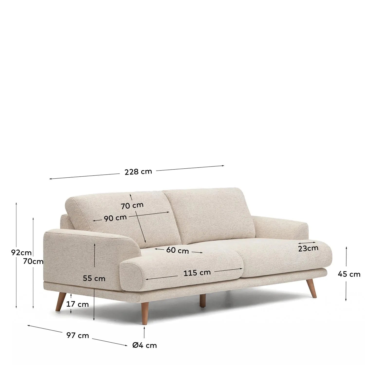 Karin 3-Sitzer-Sofa weiß und Beine aus massiver Buche 231 cm in Beige präsentiert im Onlineshop von KAQTU Design AG. 3er Sofa ist von Kave Home