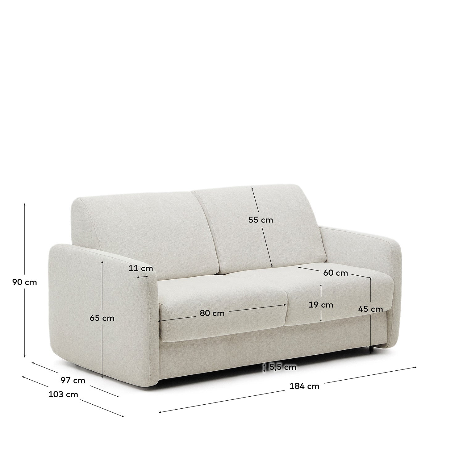 Nuala Schlafsofa 2-Sitzer in Perlweiss 184 cm in Grau präsentiert im Onlineshop von KAQTU Design AG. Bettsofa ist von Kave Home