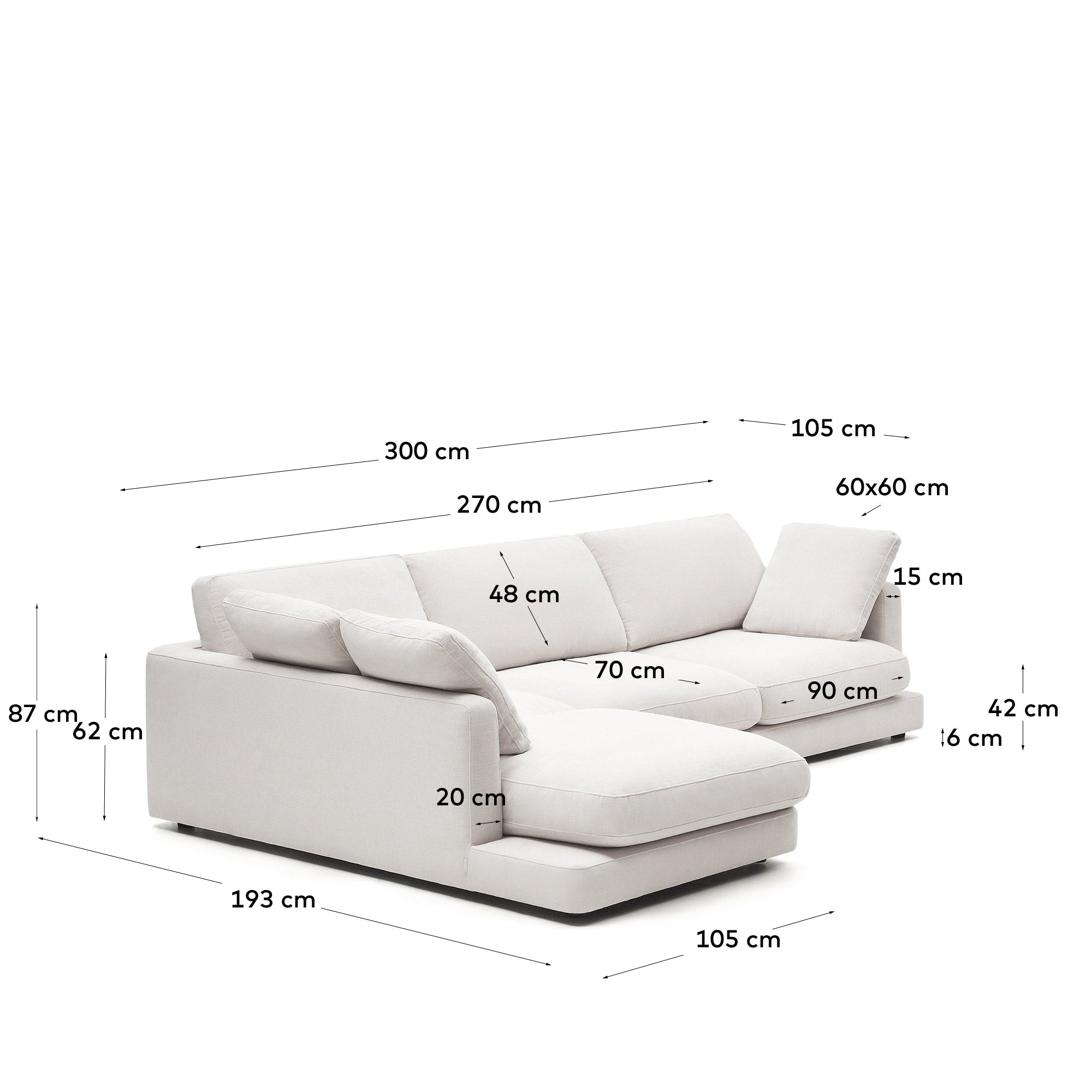 Gala 4-Sitzer-Sofa mit Chaiselongue links weiss 300 cm in  präsentiert im Onlineshop von KAQTU Design AG. 4er Sofa ist von Kave Home