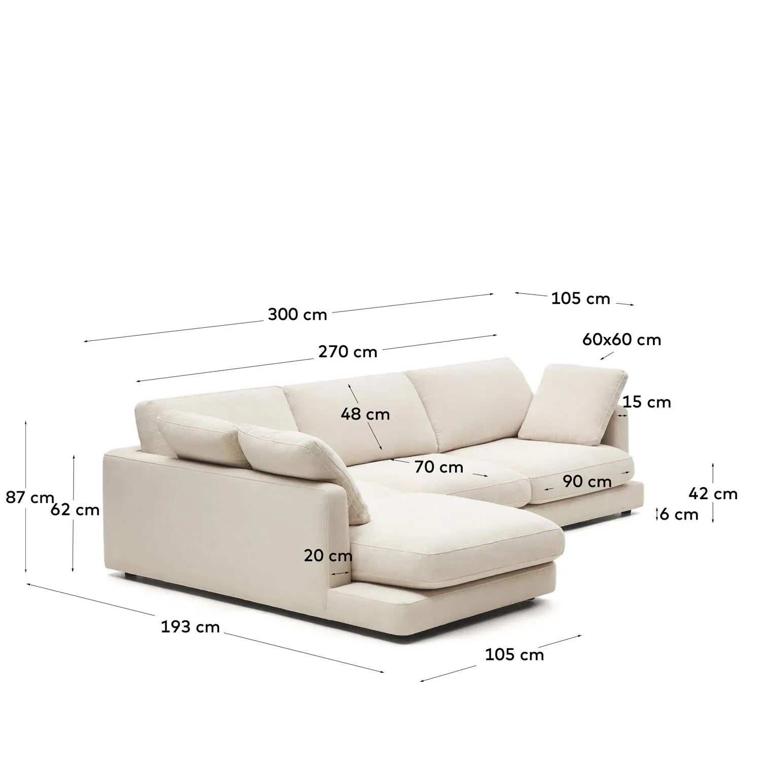 Elegantes Kave Home Sofa Gala, 4-Sitzer, beige, 300 cm, links Chaiselongue.