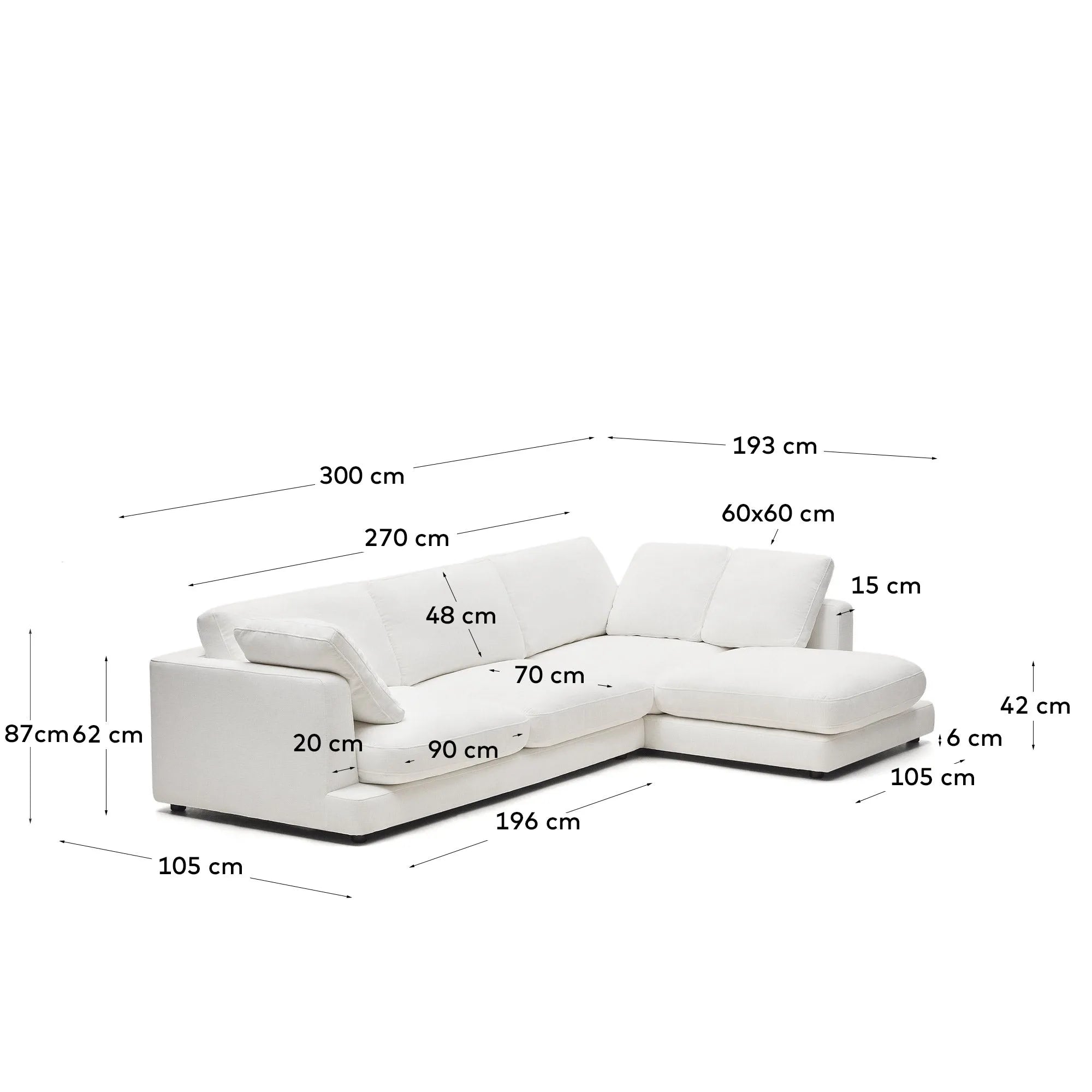 Elegantes 4-Sitzer-Sofa mit Chaiselongue, 300 cm, in Weiß. Modern, komfortabel, pflegeleicht, ideal für stilvolle Wohnräume.