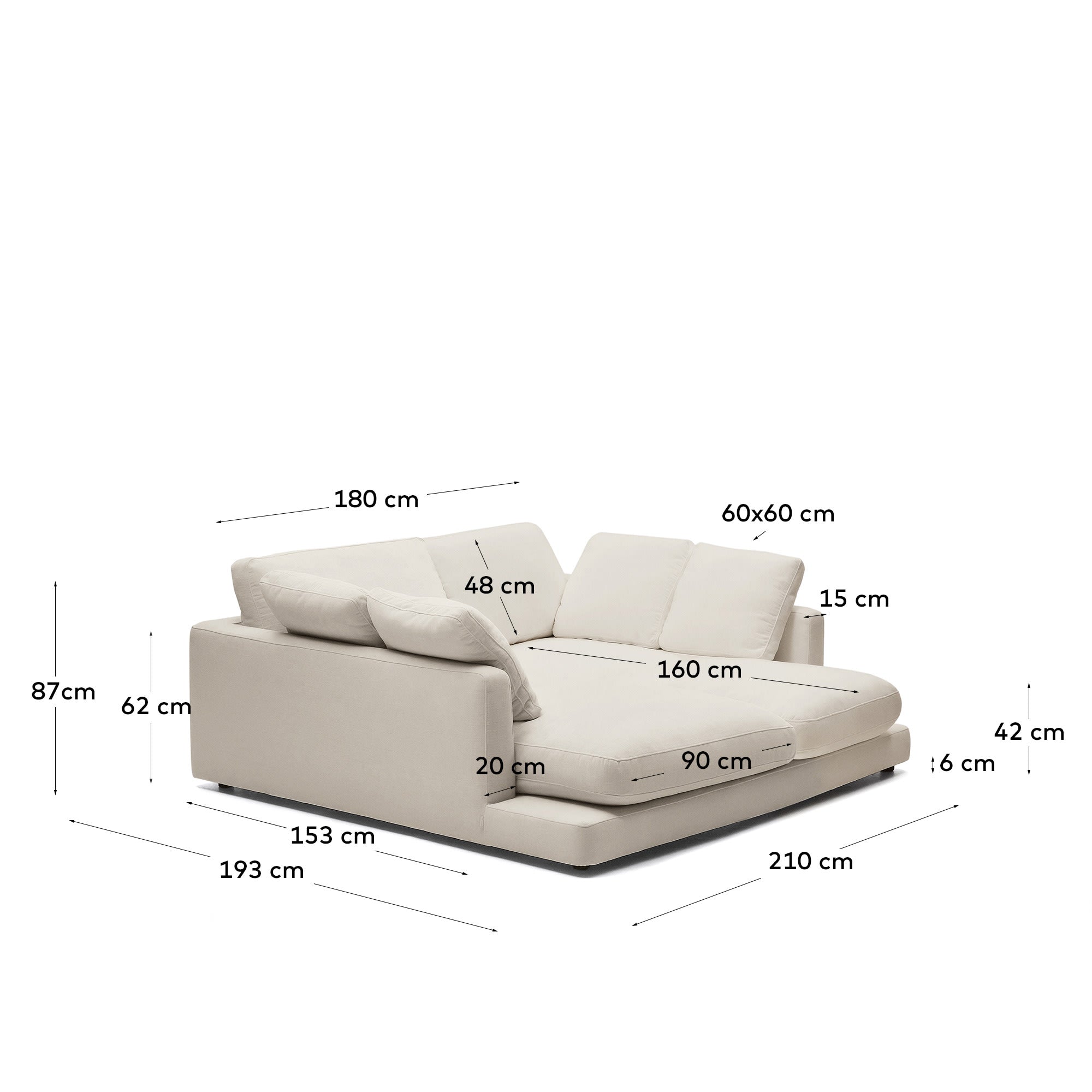 Gala 3-Sitzer Sofa mit doppelter Chaiselongue beige 210 cm in Beige präsentiert im Onlineshop von KAQTU Design AG. 3er Sofa ist von Kave Home