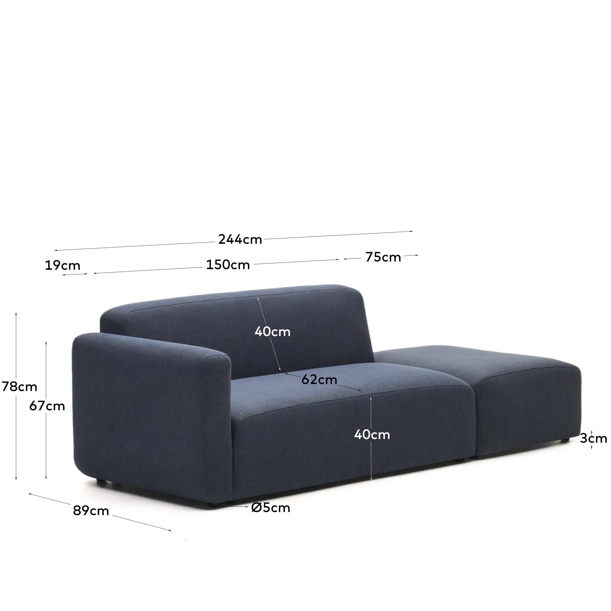 Neom modulares 2-Sitzer-Sofa mit Randmodul Blau 244 cm FSC Mix Credit in Blau präsentiert im Onlineshop von KAQTU Design AG. 2er Sofa ist von Kave Home