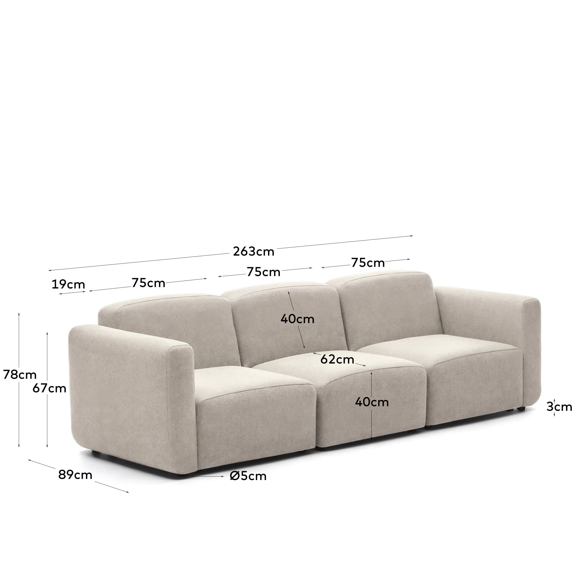 Neom modulares 3-Sitzer-Sofa in Beige 263 cm FSC Mix Credit in Beige präsentiert im Onlineshop von KAQTU Design AG. 3er Sofa ist von Kave Home