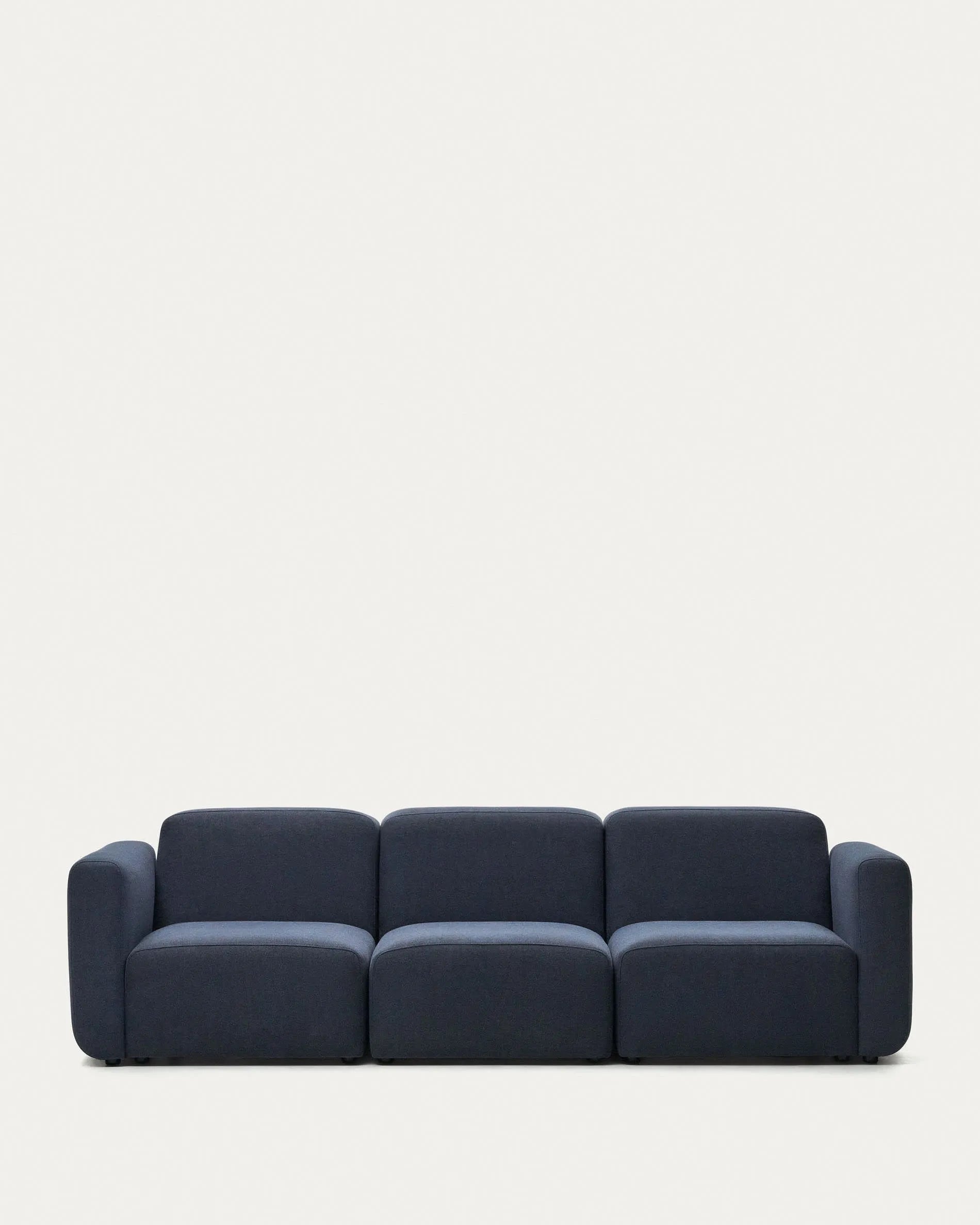 3D-Modell: Blaues, modulares 3-Sitzer-Sofa, 263 cm, FSC-Holz, elegant und umweltfreundlich, für AR geeignet.