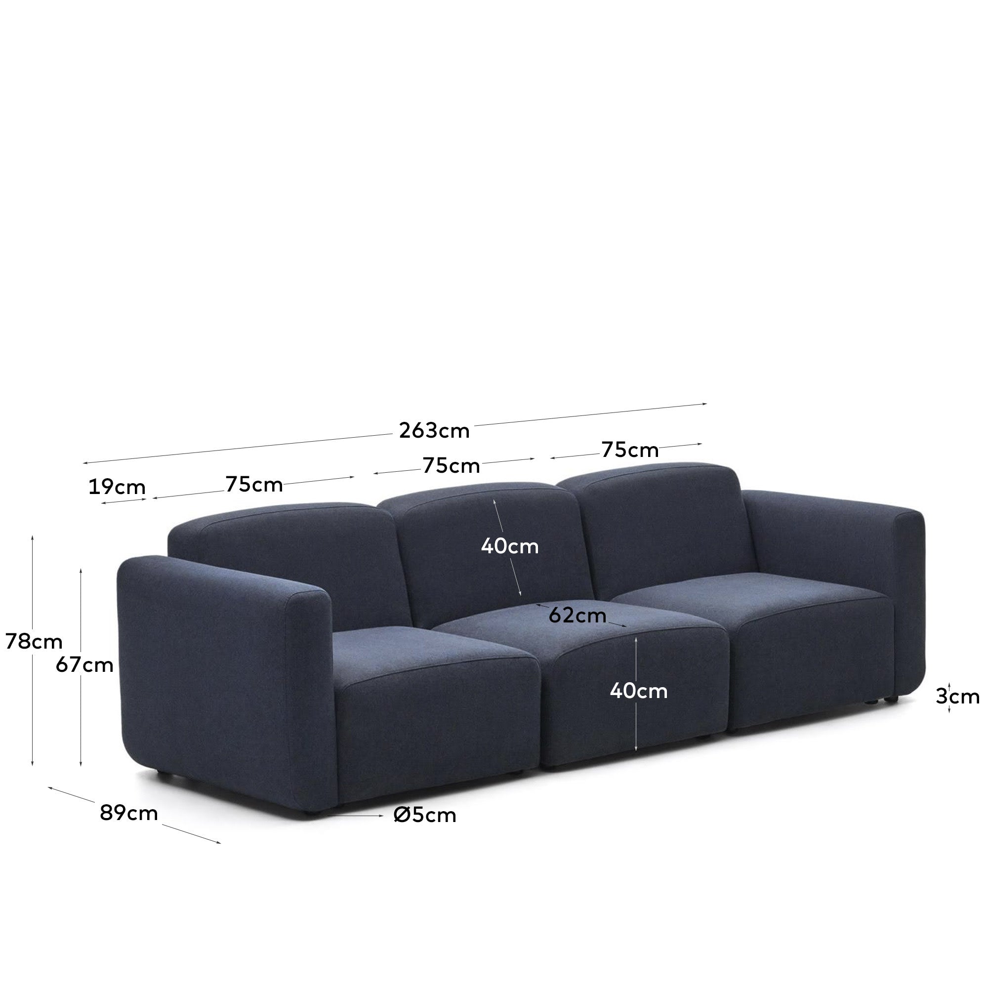 Neom modulares 3-Sitzer-Sofa in Blau 263 cm FSC Mix Credit in Blau präsentiert im Onlineshop von KAQTU Design AG. 3er Sofa ist von Kave Home