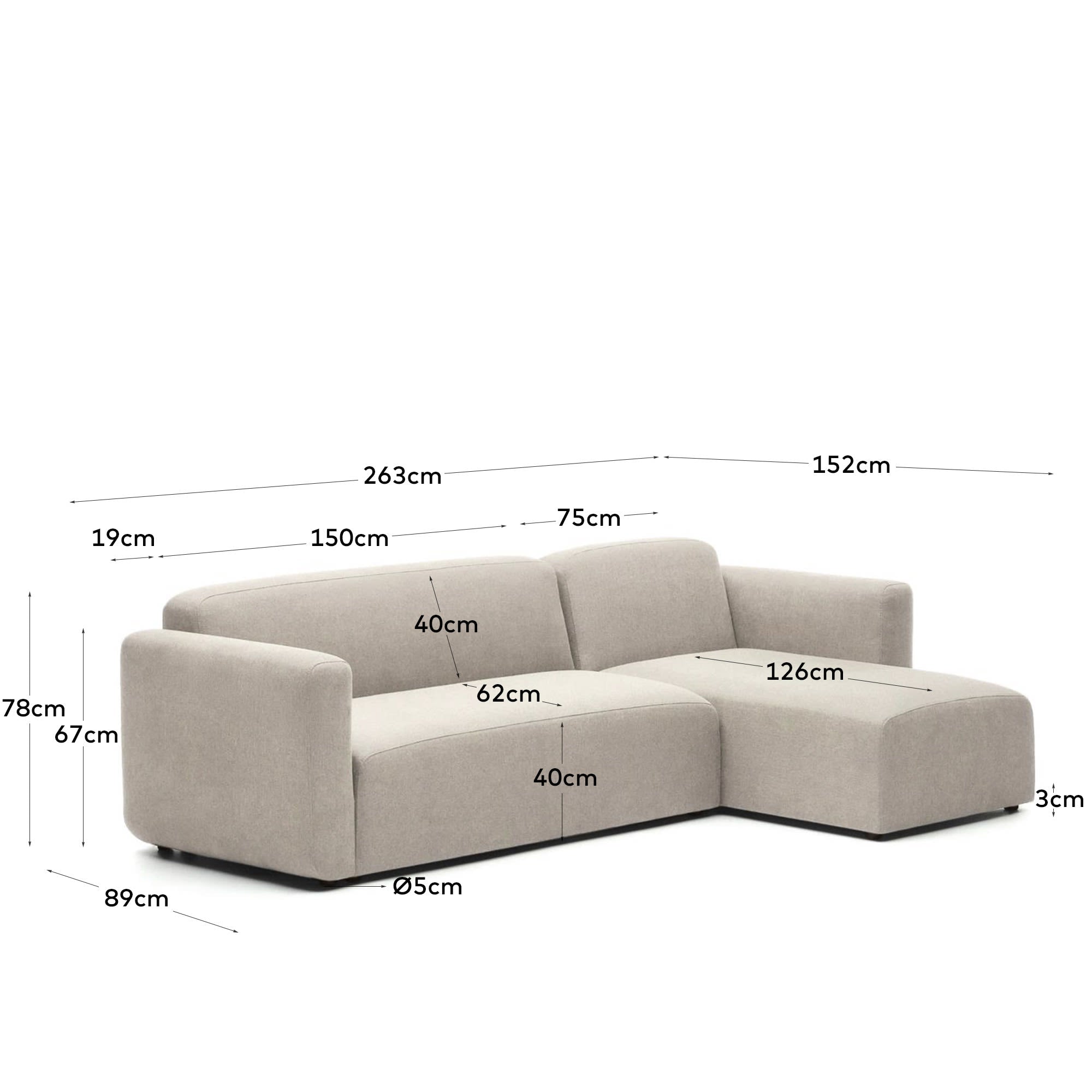 Neom modulares 3-Sitzer-Sofa Chaiselongue rechts/links Beige 263 cm FSC Mix Credit in Beige präsentiert im Onlineshop von KAQTU Design AG. 3er Sofa ist von Kave Home