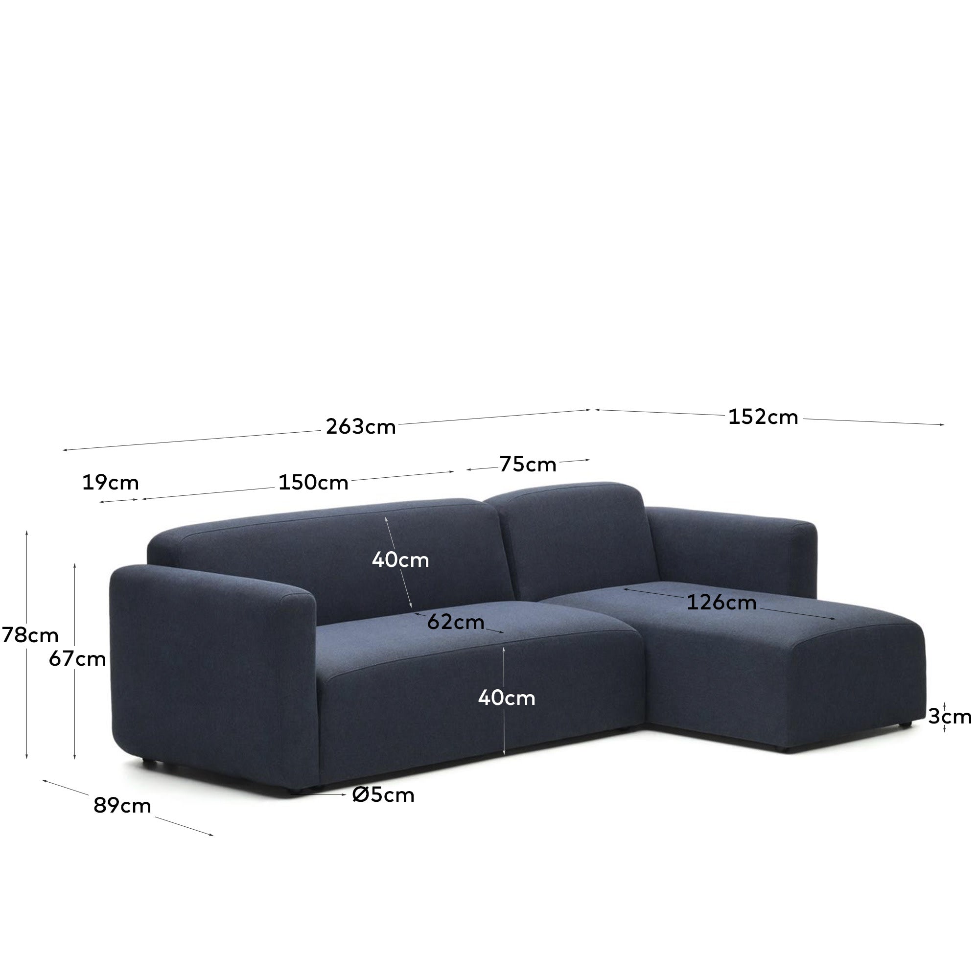 Neom modulares 3-Sitzer-Sofa Chaiselongue rechts/links Blau 263 cm FSC Mix Credit in Blau präsentiert im Onlineshop von KAQTU Design AG. 3er Sofa ist von Kave Home