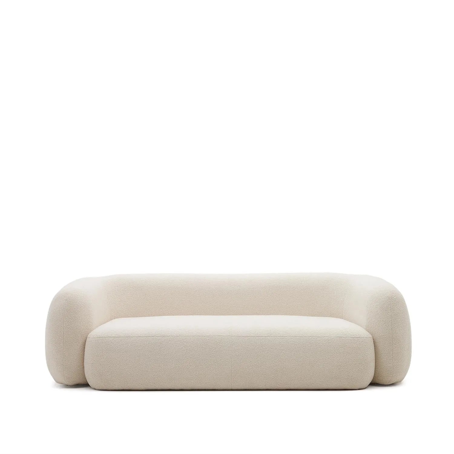 Elegantes 3-Sitzer-Sofa in Ecru, 246 cm, aus recyceltem Bouclé-Polyester, vereint Komfort und Nachhaltigkeit.