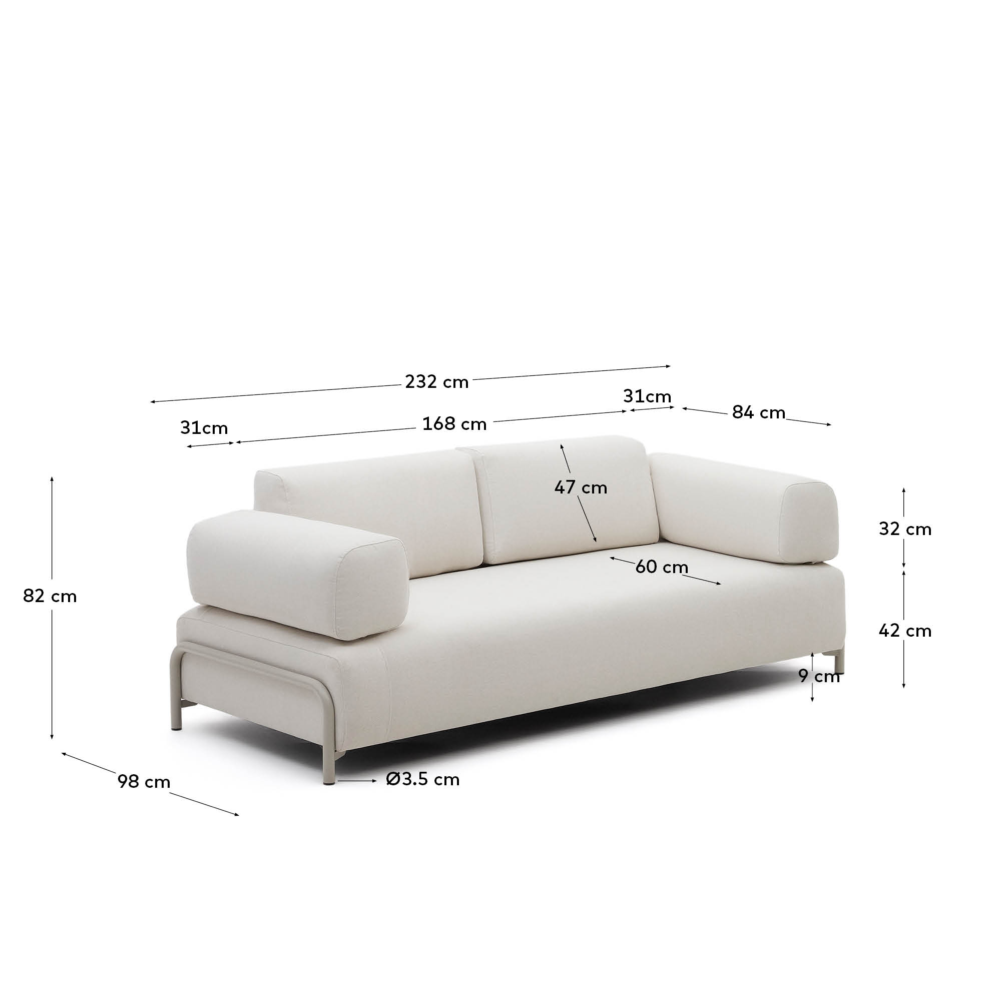 Compo 3-Sitzer-Sofa beige und Metallgestell beige 232 cm in Beige präsentiert im Onlineshop von KAQTU Design AG. 3er Sofa ist von Kave Home