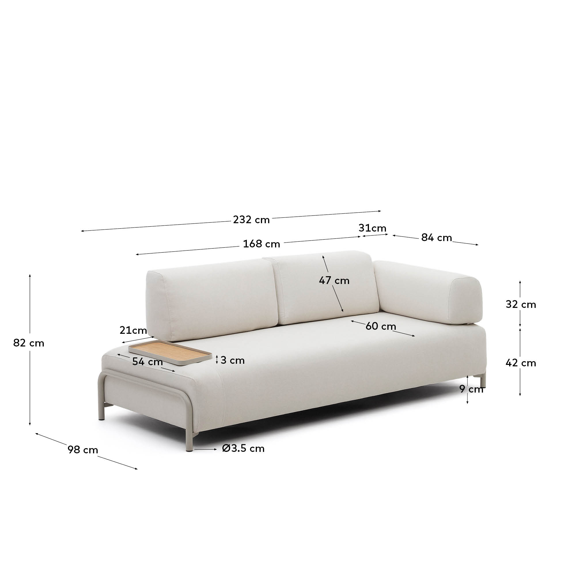 Compo 3-Sitzer-Sofa Beige, kleines Tablett Eichenfurnier und Metallgestell beige 232cm in Beige präsentiert im Onlineshop von KAQTU Design AG. 3er Sofa ist von Kave Home