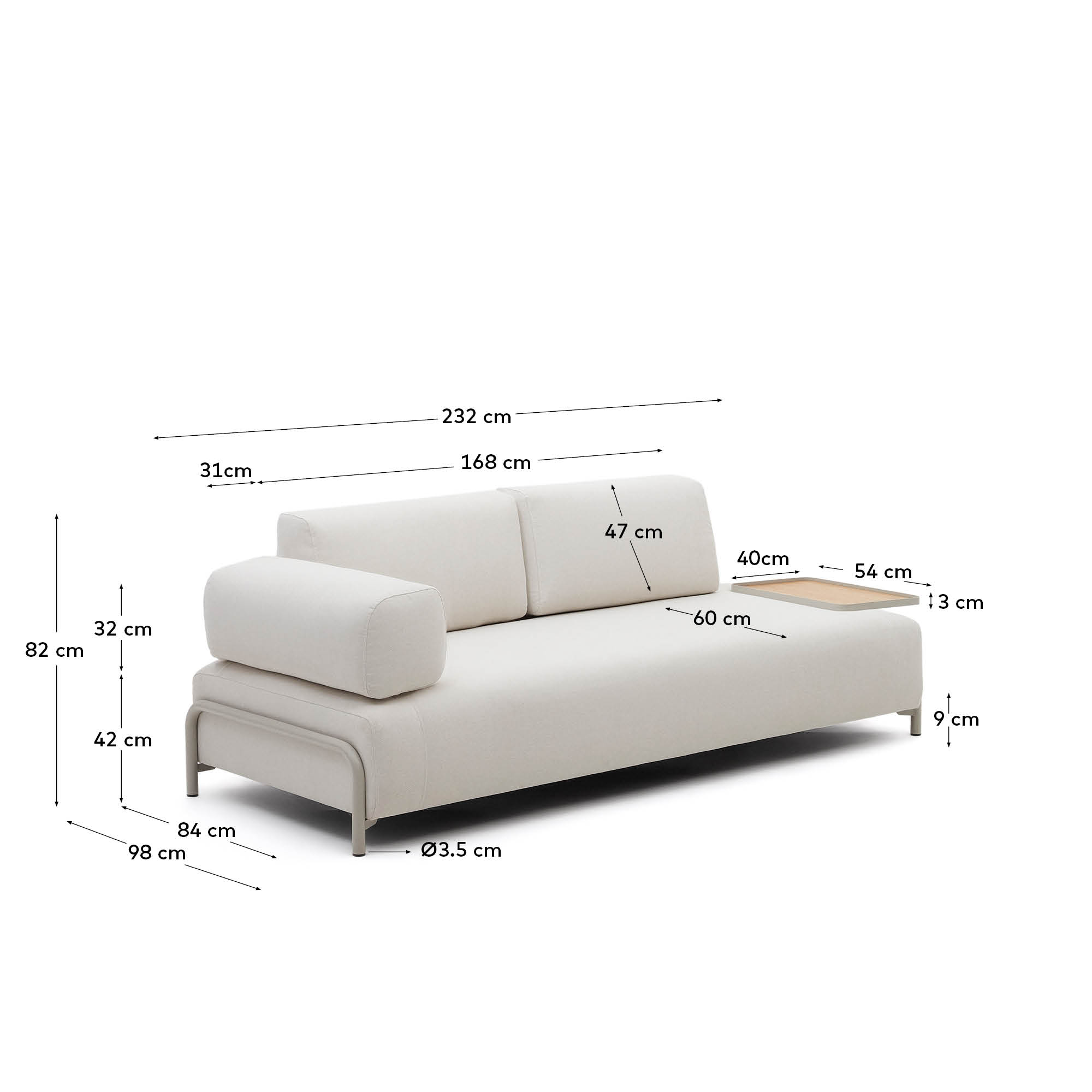 Compo 3-Sitzer-Sofa Chenille Beige, grosses Tablett Eichenfurnier Metallgestell beige 232cm in Beige präsentiert im Onlineshop von KAQTU Design AG. 3er Sofa ist von Kave Home