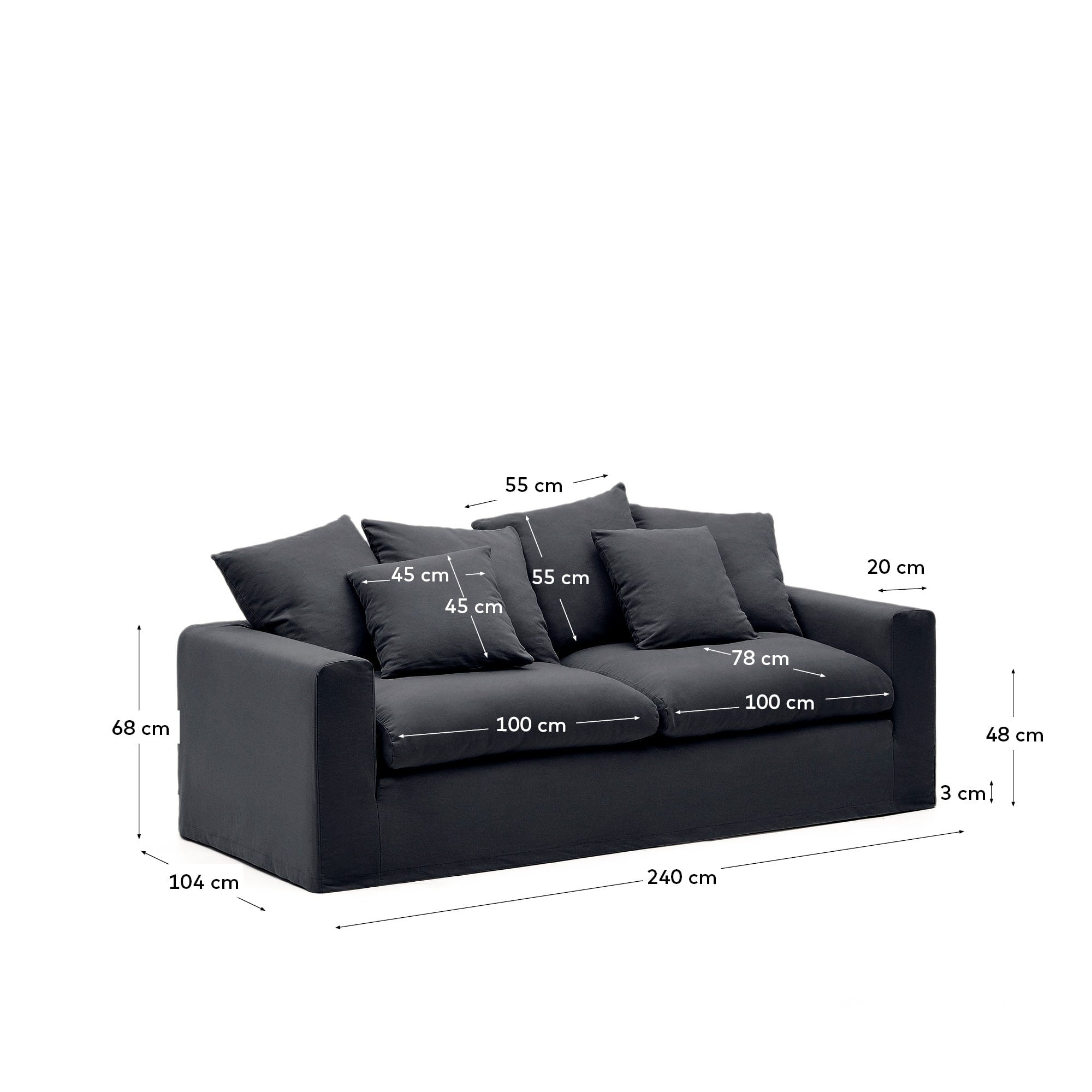 Nora 3 Sitzer Sofa mit abziehbaren Kissenbezügen aus Leinen und Baumwolle anthrazitgrau 240 cm in Graphit präsentiert im Onlineshop von KAQTU Design AG. 3er Sofa ist von Kave Home