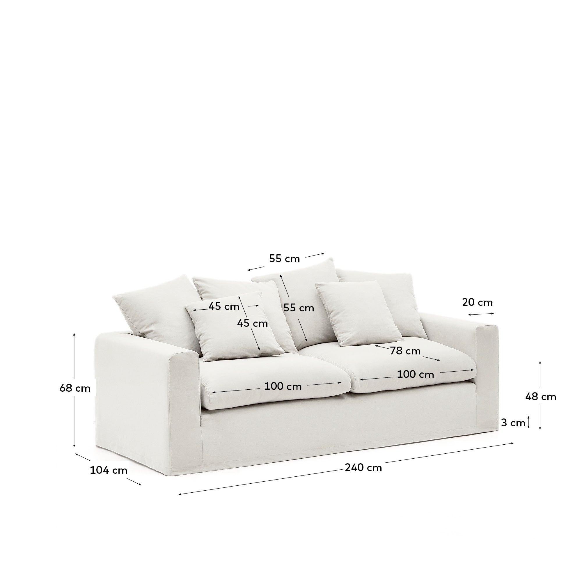 Nora 3 Sitzer Sofa mit abziehbaren Kissenbezügen aus Leinen und Baumwolle naturfarben 240 cm in Ecru präsentiert im Onlineshop von KAQTU Design AG. 3er Sofa ist von Kave Home