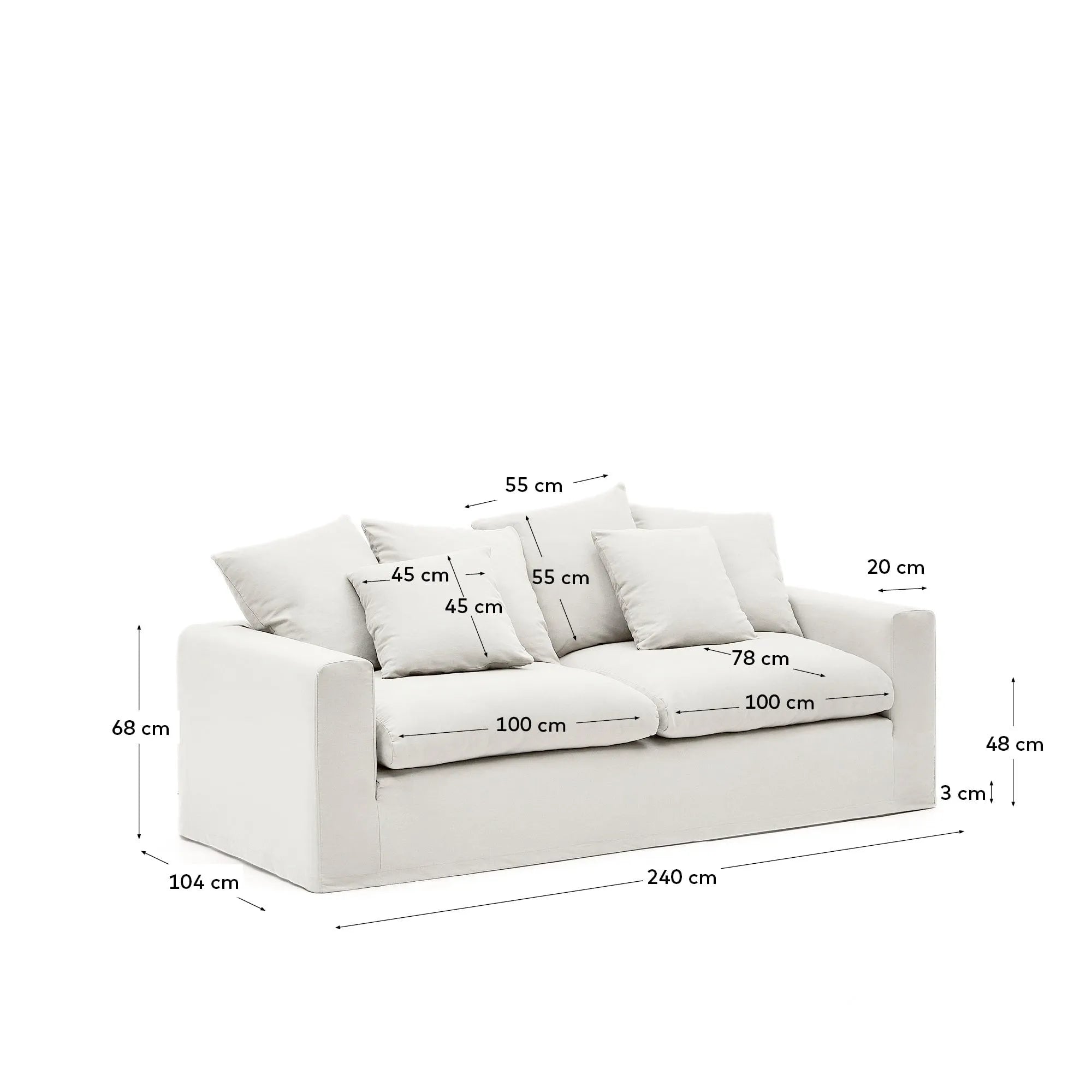 Elegantes 3-Sitzer Sofa mit abnehmbaren Leinen-Baumwollbezügen, 240 cm breit, für stilvolle und komfortable Wohnräume.