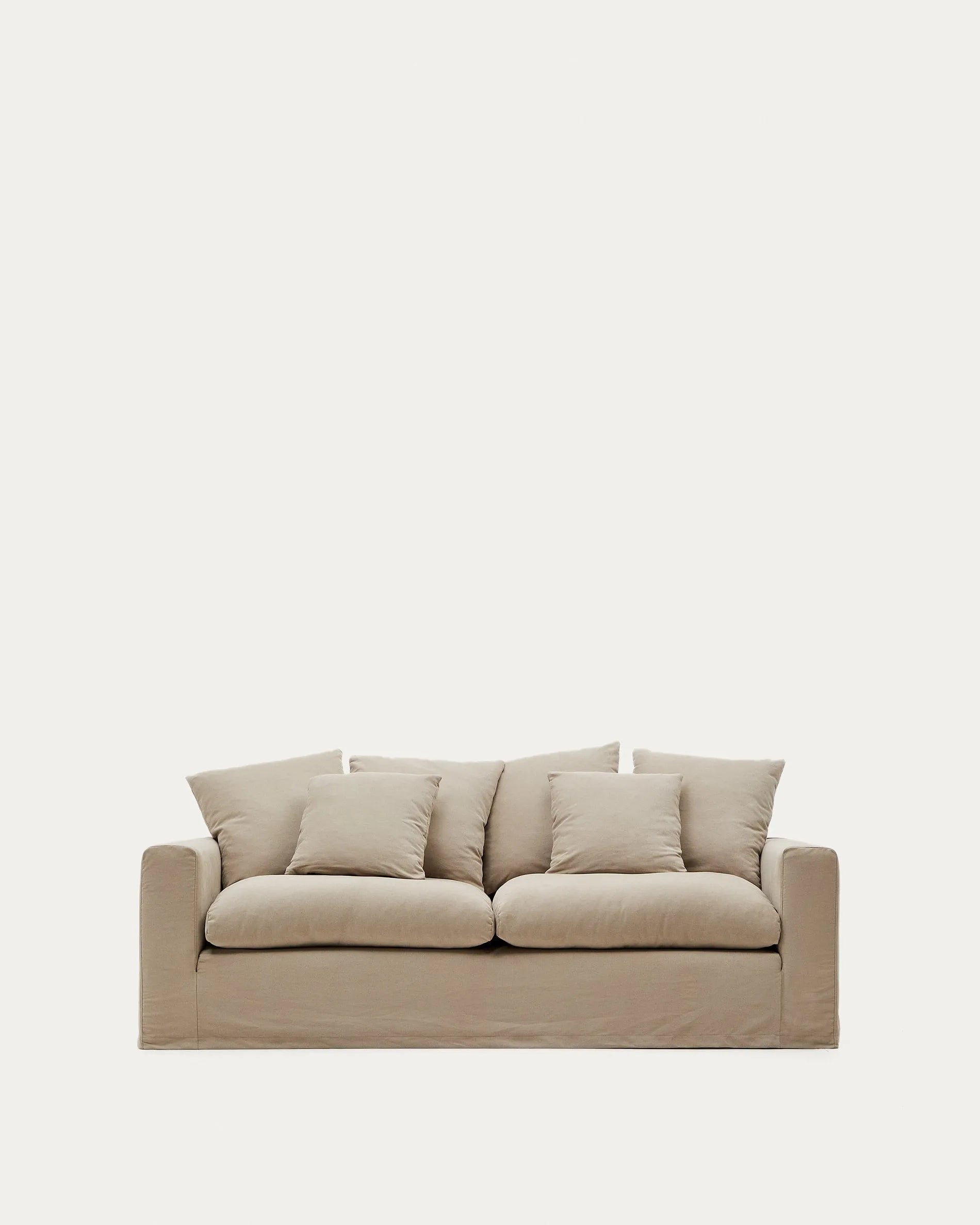 3D-Modell: Elegantes, modernes Nora 3-Sitzer Sofa in Taupe, 240 cm, mit abziehbaren Leinen-Baumwollbezügen.