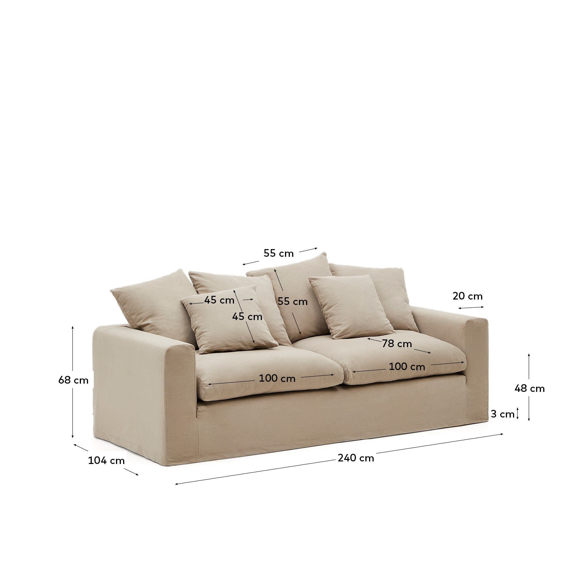 Nora 3 Sitzer Sofa mit abziehbaren Kissenbezügen aus Leinen und Baumwolle taupe 240 cm in Beige präsentiert im Onlineshop von KAQTU Design AG. 3er Sofa ist von Kave Home